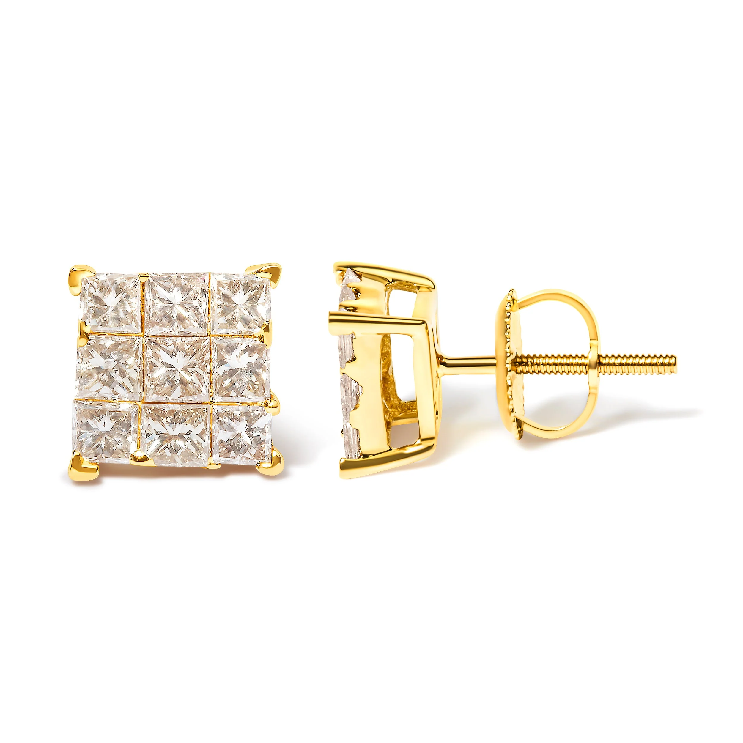 14K Yellow Gold 1 1/2 Cttw Invisible Set Princess-Cut Diamond 9 Stone Square Stud Earrings (J-K Color, SI2-I1 Clarity) - Image 3