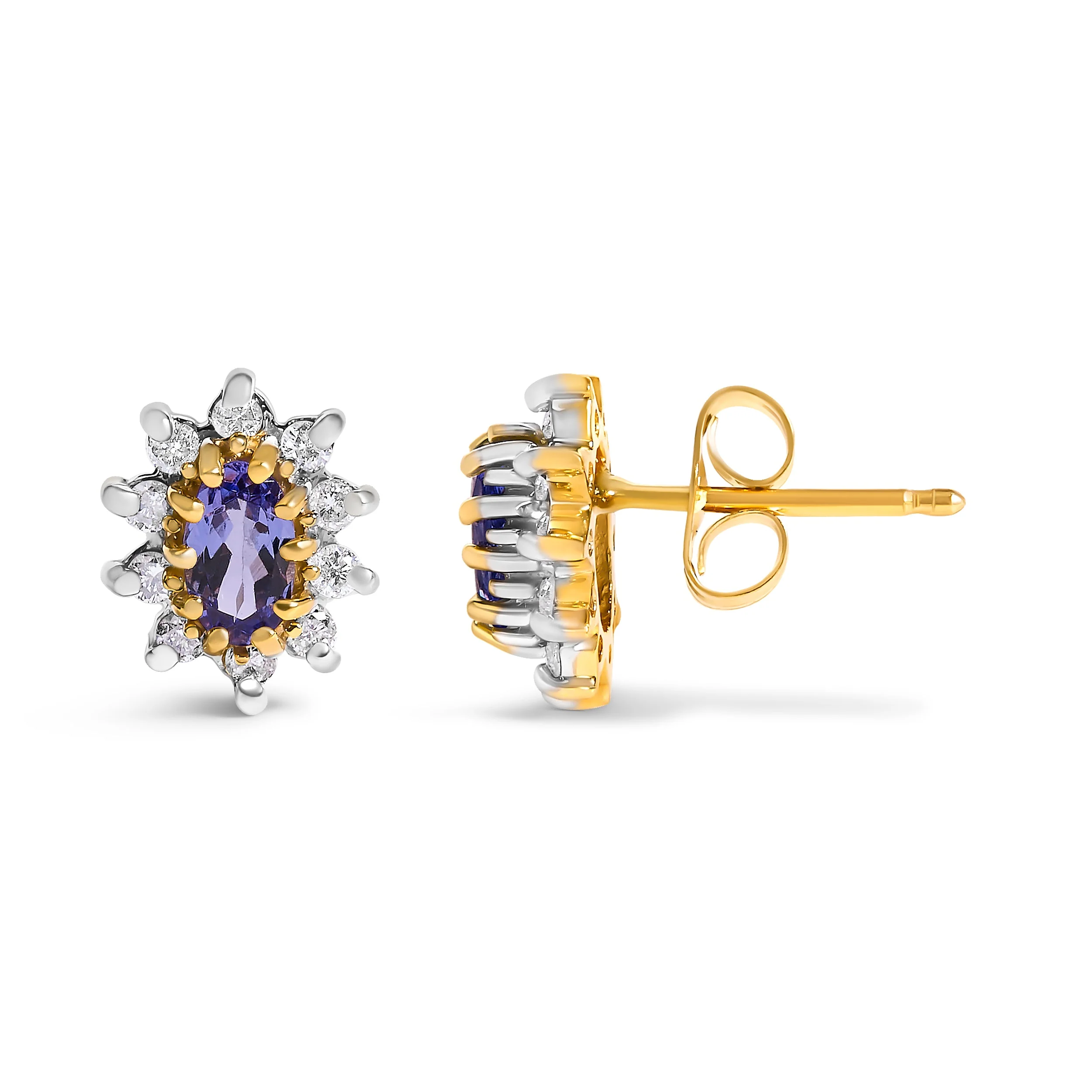 14K Yellow Gold 1/4 Cttw Diamond and Blue Purple Tanzanite Sunburst Halo Stud Earrings (K-L Color, I1-I2 Clarity) - Image 3