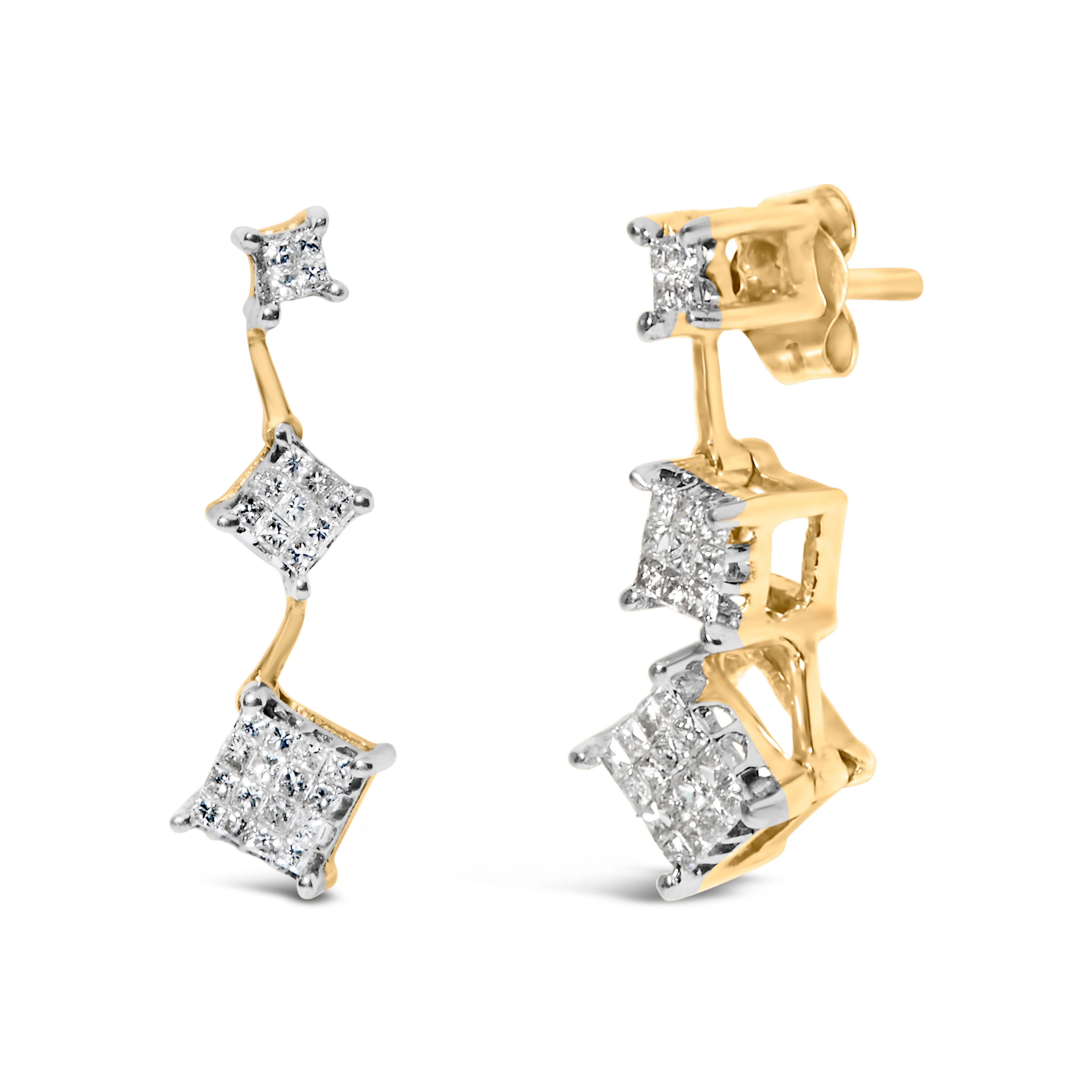 14K Yellow Gold 1 cttw Princess Cut Diamond Earrings (H-I, SI1-SI2) - Image 6