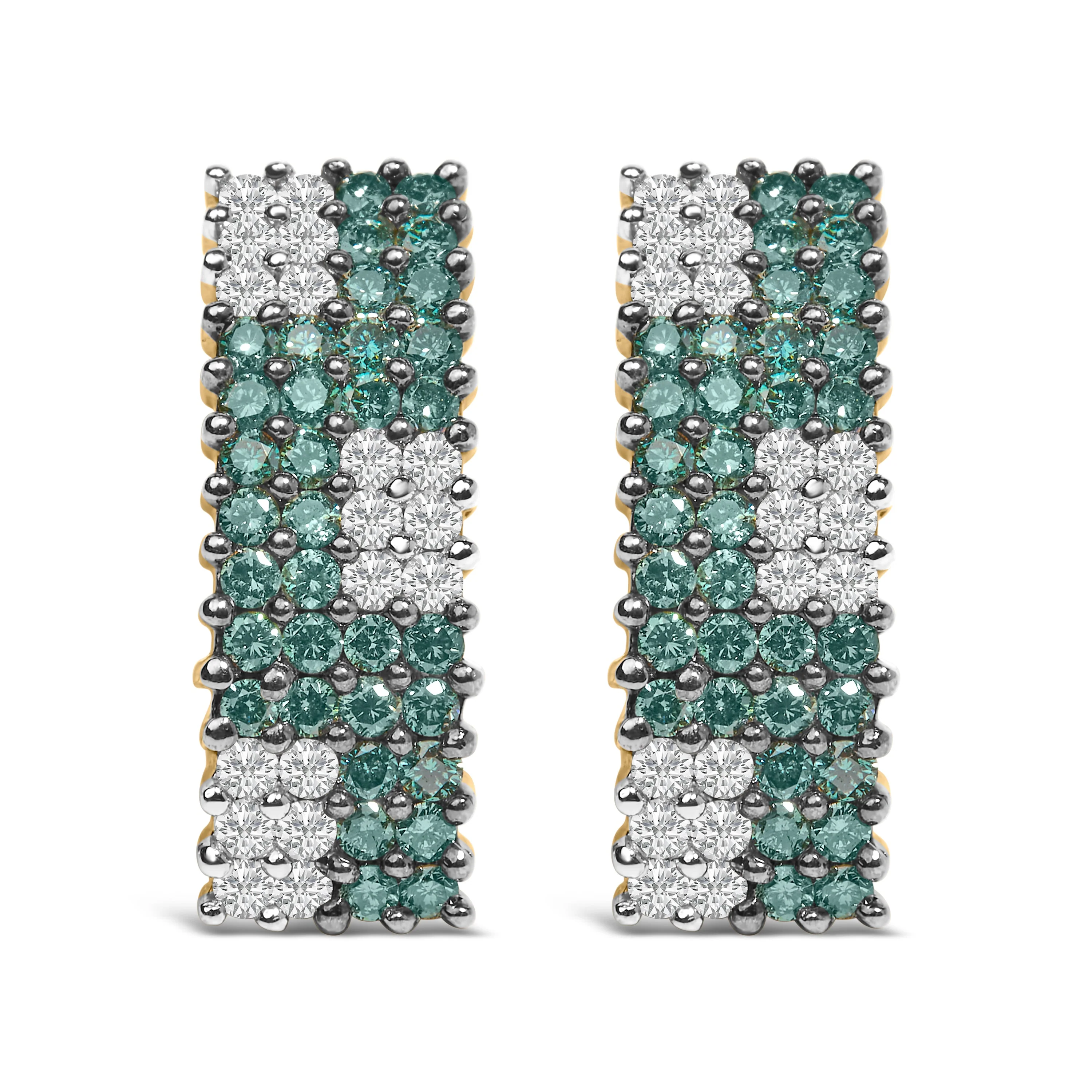 14K Yellow Gold 2.00 Cttw White and Treated Blue Diamond Four-Row Pavé Omegaback Earrings (H-I Color, SI1-SI2 Clarity) - Image 3