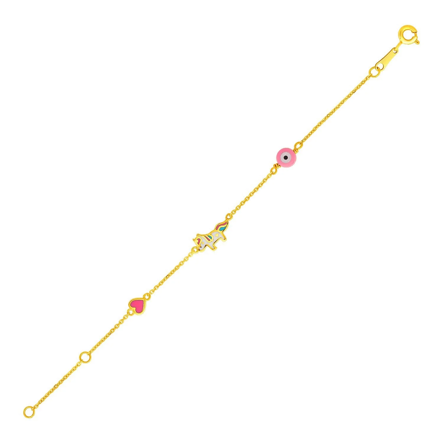 14k Yellow Gold 5 1/2 inch Childrens Bracelet with Enameled Heart Unicorn and Circle - Image 2