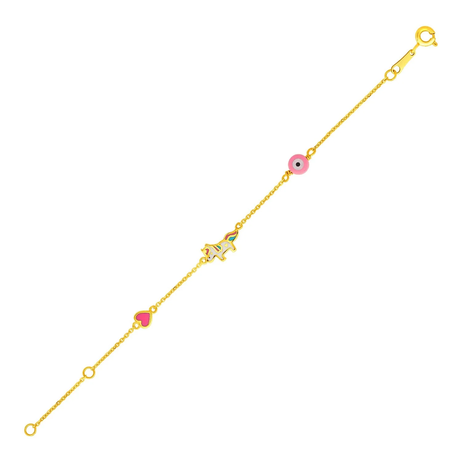 14k Yellow Gold 5 1/2 inch Childrens Bracelet with Enameled Heart Unicorn and Circle - Image 3
