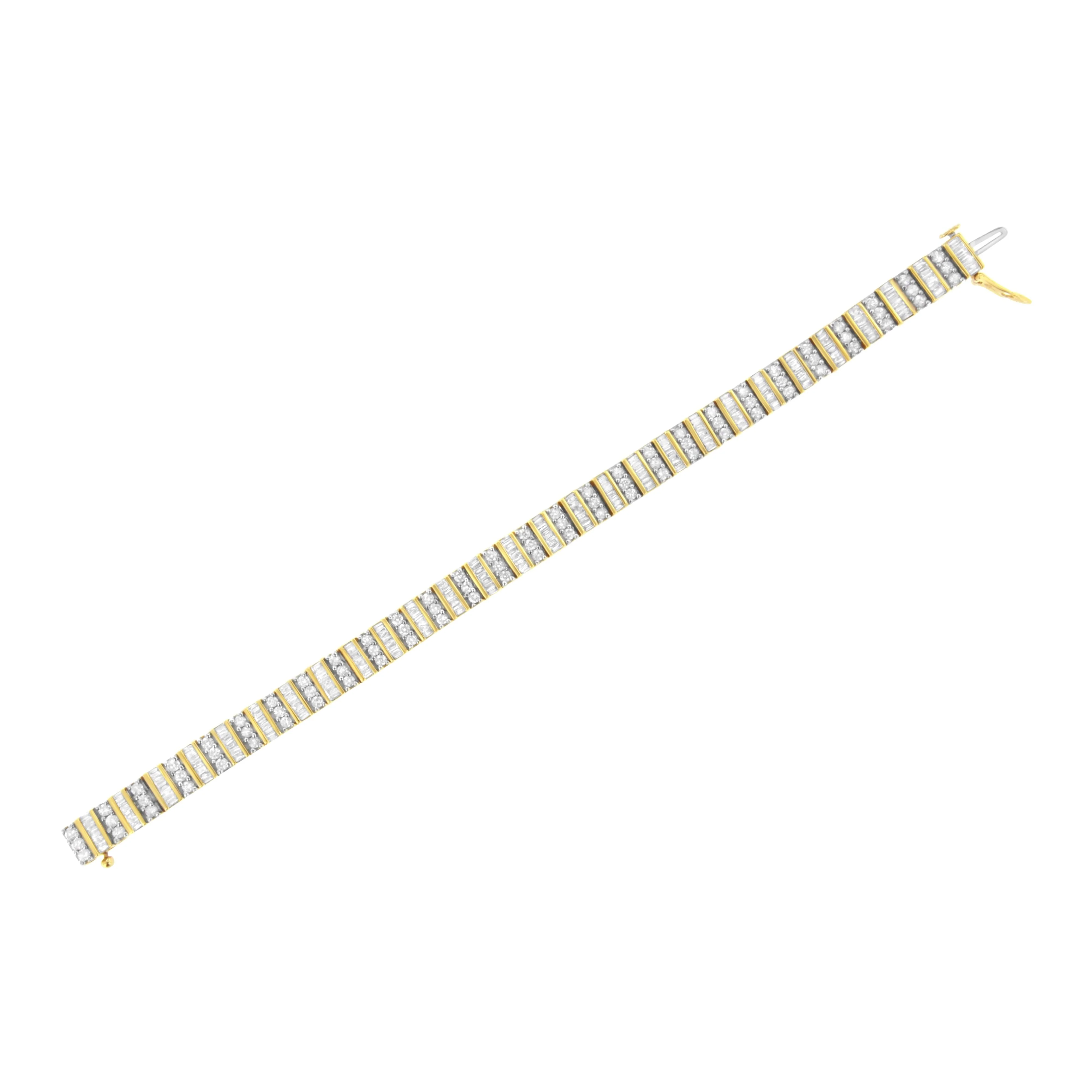 14K Yellow Gold 5.50 Cttw Round and Baguette Diamond Link Bracelet - Image 5