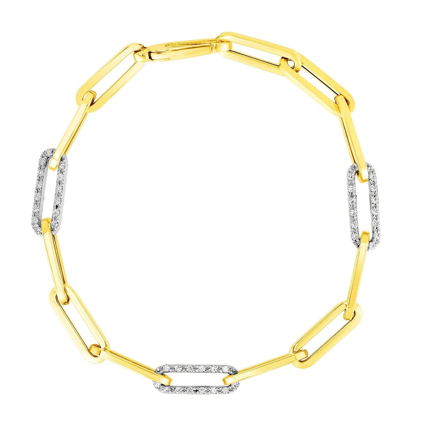14k Yellow Gold 7 1/2 inch Paperclip Chain Bracelet with Three Diamond Links - Image 3