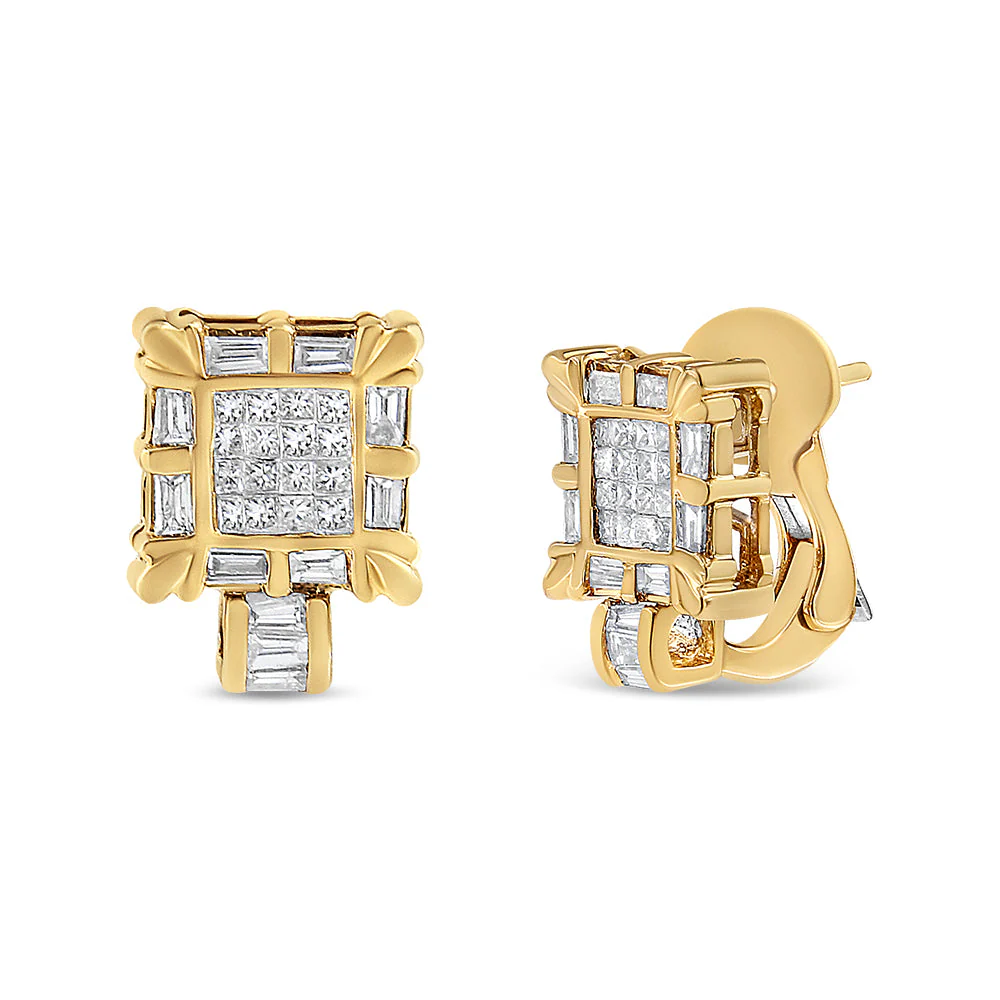 14K Yellow Gold 7/8 Cttw Princess and Baguette-Cut Diamond Square Framed Huggie Hoop Omega Earrings (H-I Color, SI1-SI2 Clarity) - Image 2