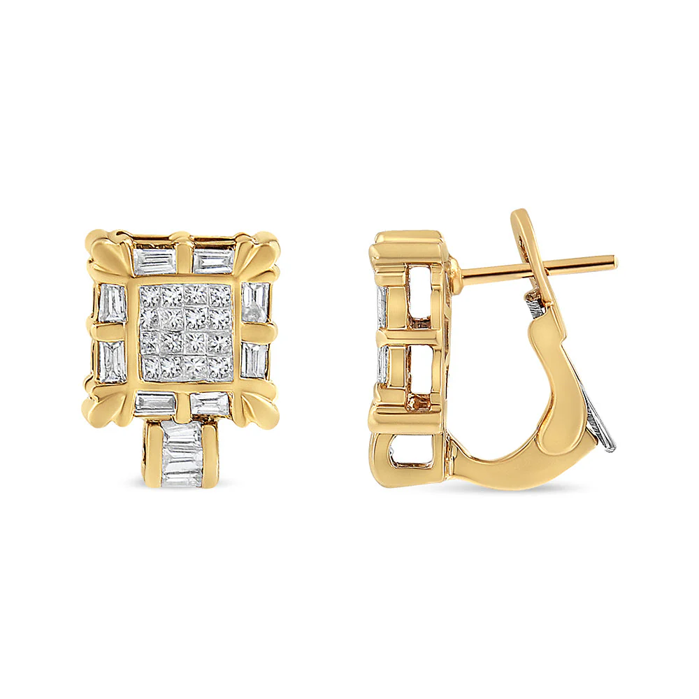 14K Yellow Gold 7/8 Cttw Princess and Baguette-Cut Diamond Square Framed Huggie Hoop Omega Earrings (H-I Color, SI1-SI2 Clarity) - Image 4