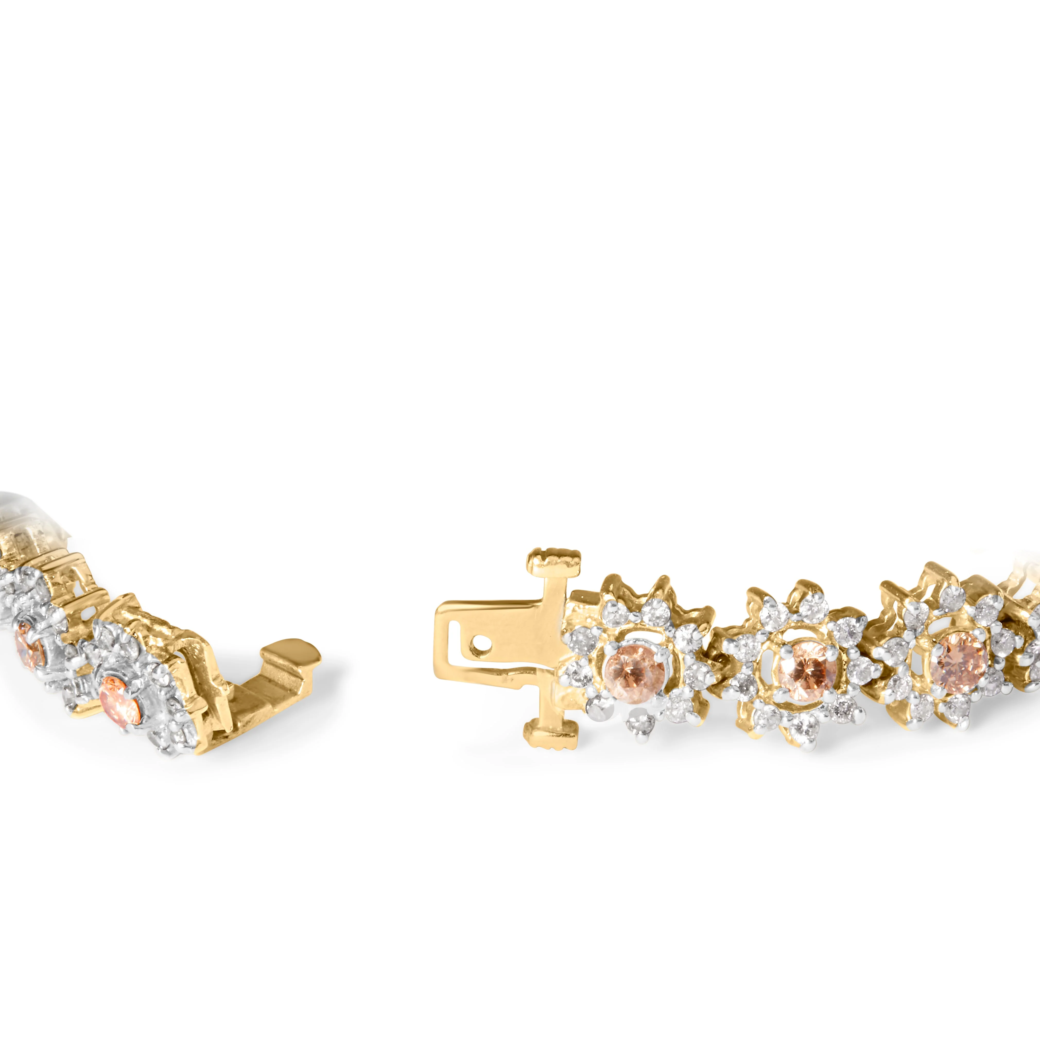 14K Yellow Gold 8.00 Cttw Champagne Diamond Floral Cluster Halo Link Bracelet (H-I Color, I1-I2 Clarity) - Image 2