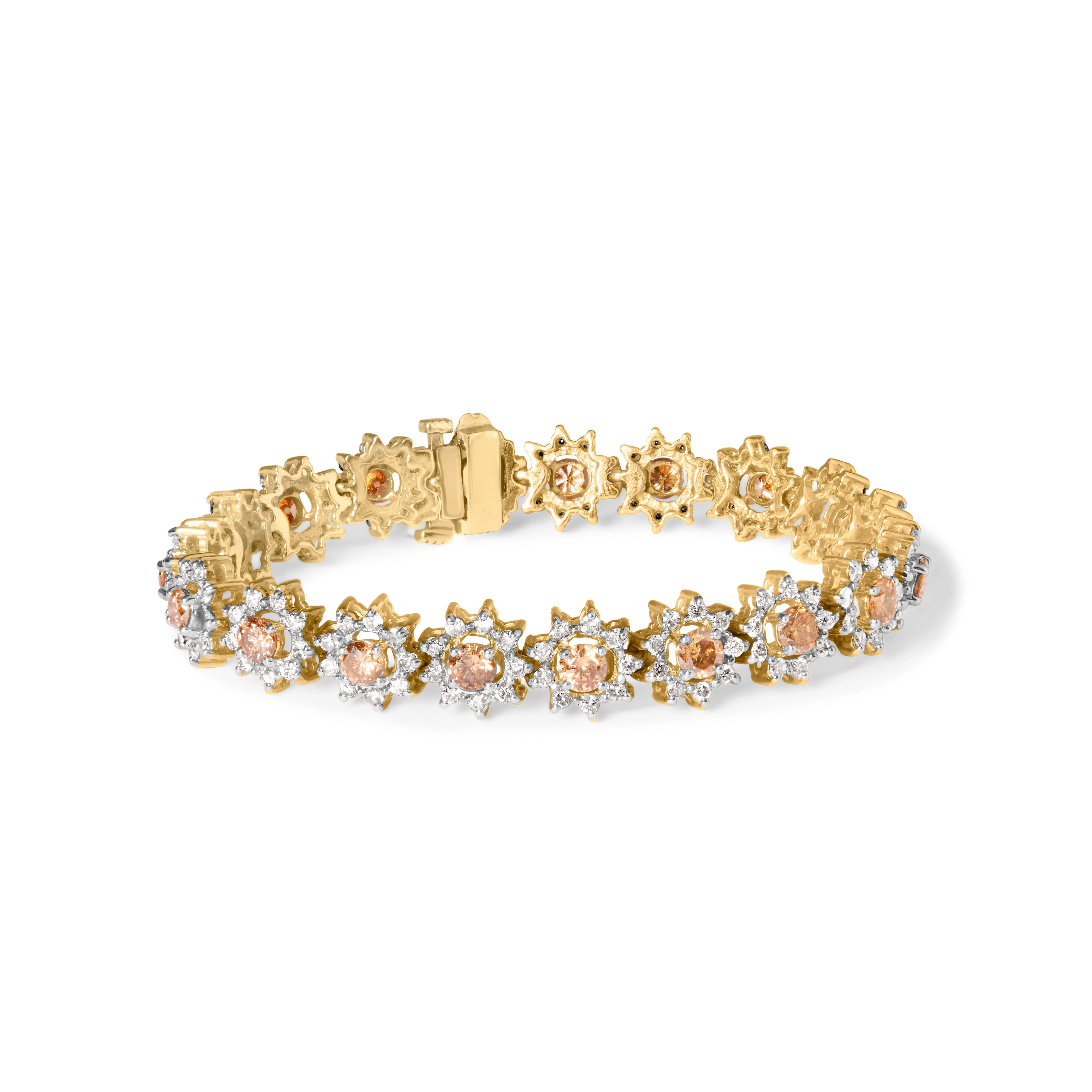 14K Yellow Gold 8.00 Cttw Champagne Diamond Floral Cluster Halo Link Bracelet (H-I Color, I1-I2 Clarity) - Image 5