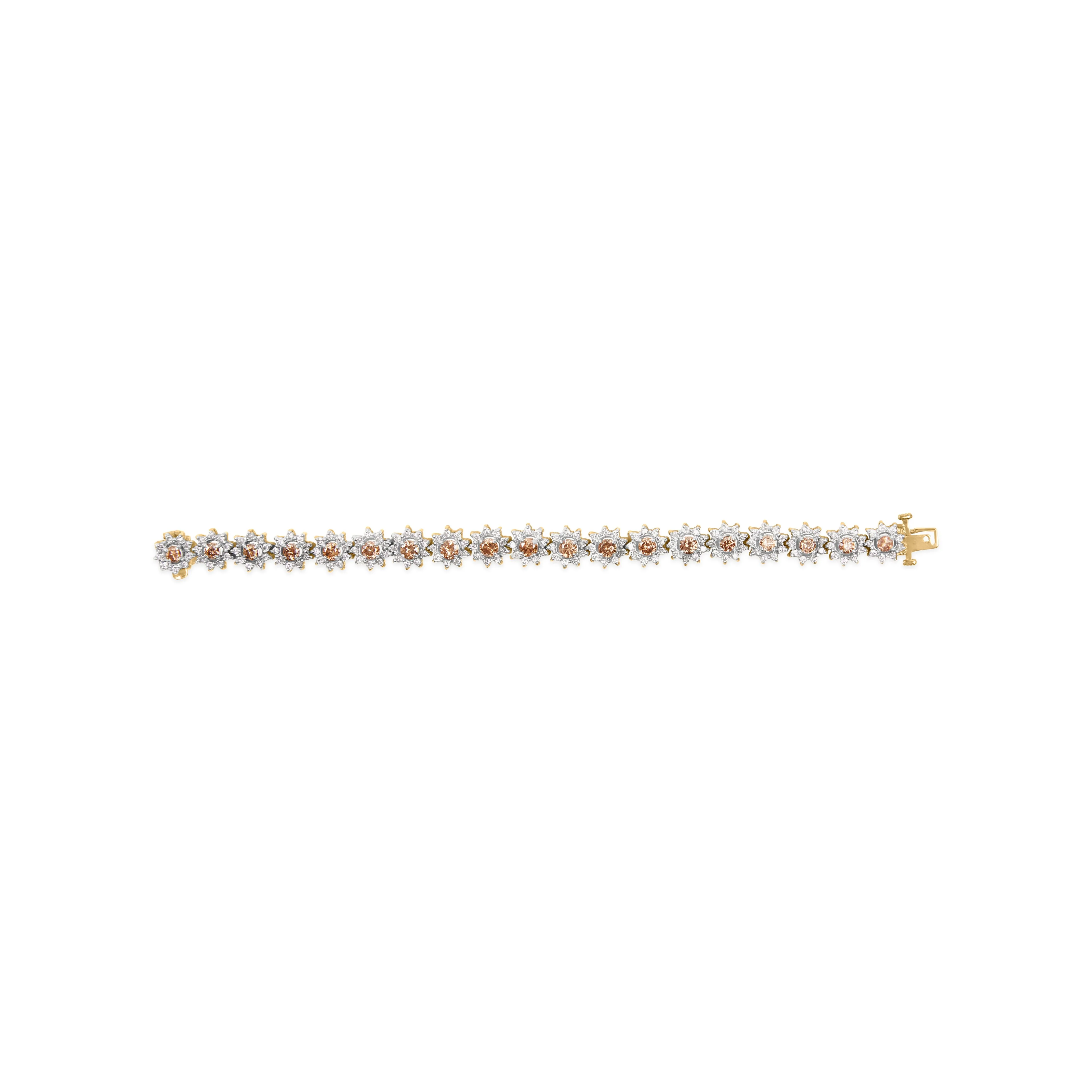 14K Yellow Gold 8.00 Cttw Champagne Diamond Floral Cluster Halo Link Bracelet (H-I Color, I1-I2 Clarity) - Image 8