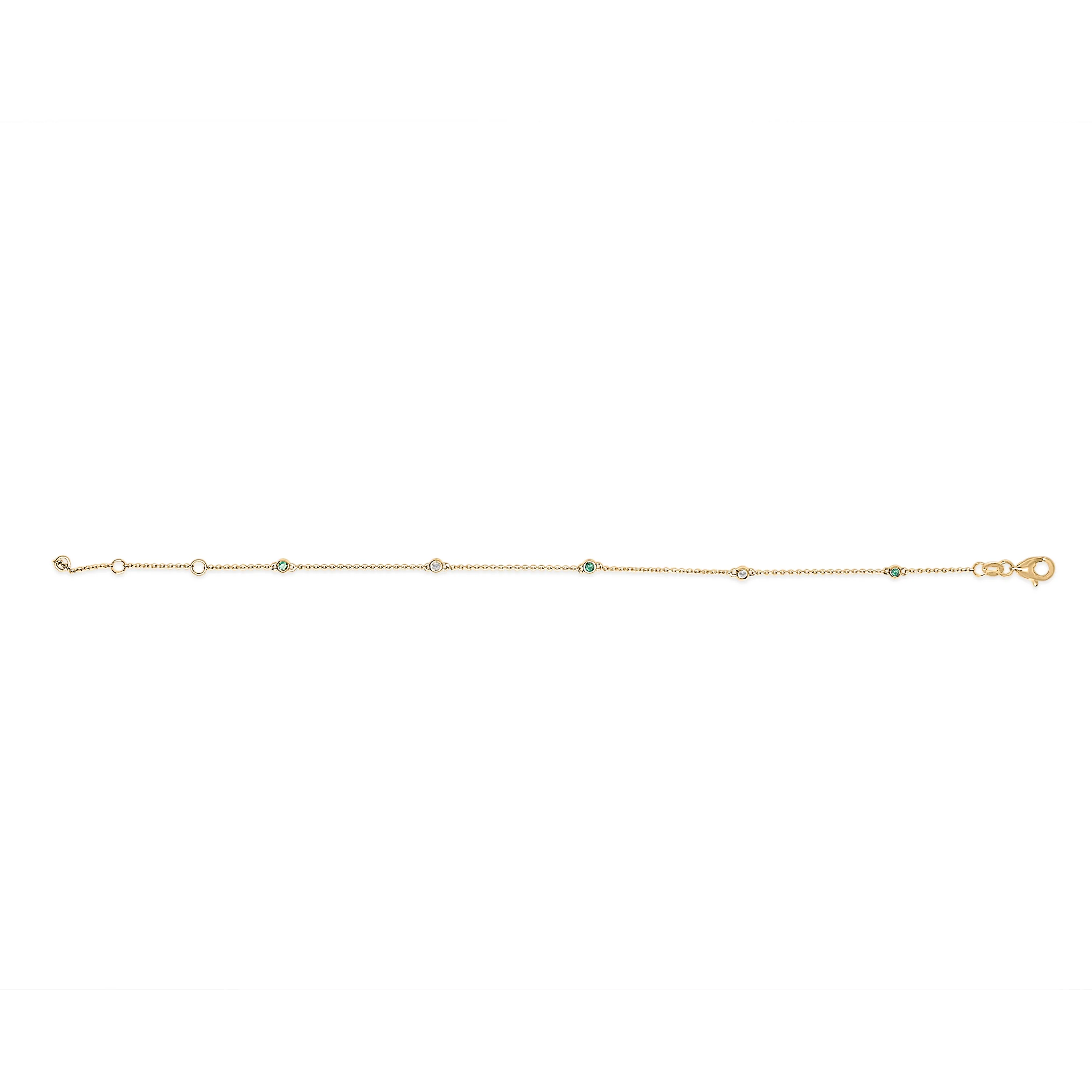 14K Yellow Gold Alternating Green Emerald and Diamond Bezel Station Chain Bracelet - Size 7.5 inch - Image 2