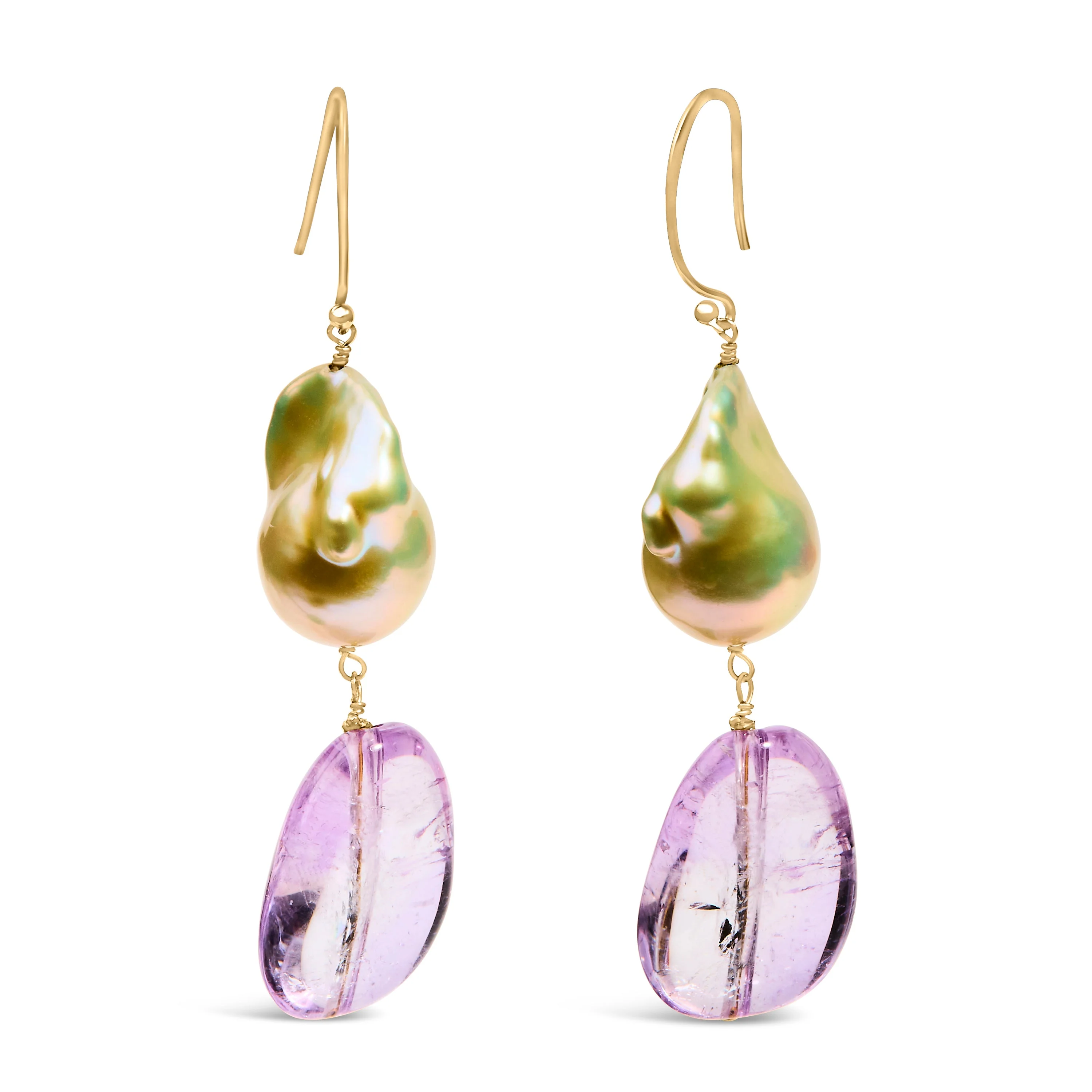 14K Yellow Gold Amethyst and Baroque Pearl Drop and Dangle Earrings 2" Inch Dangle Length - Image 5