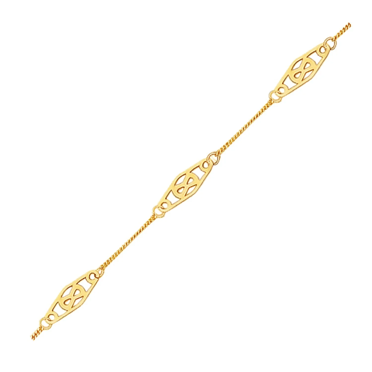 14k Yellow Gold Anklet with Fancy Diamond Shape Filigree Stations - Image 5