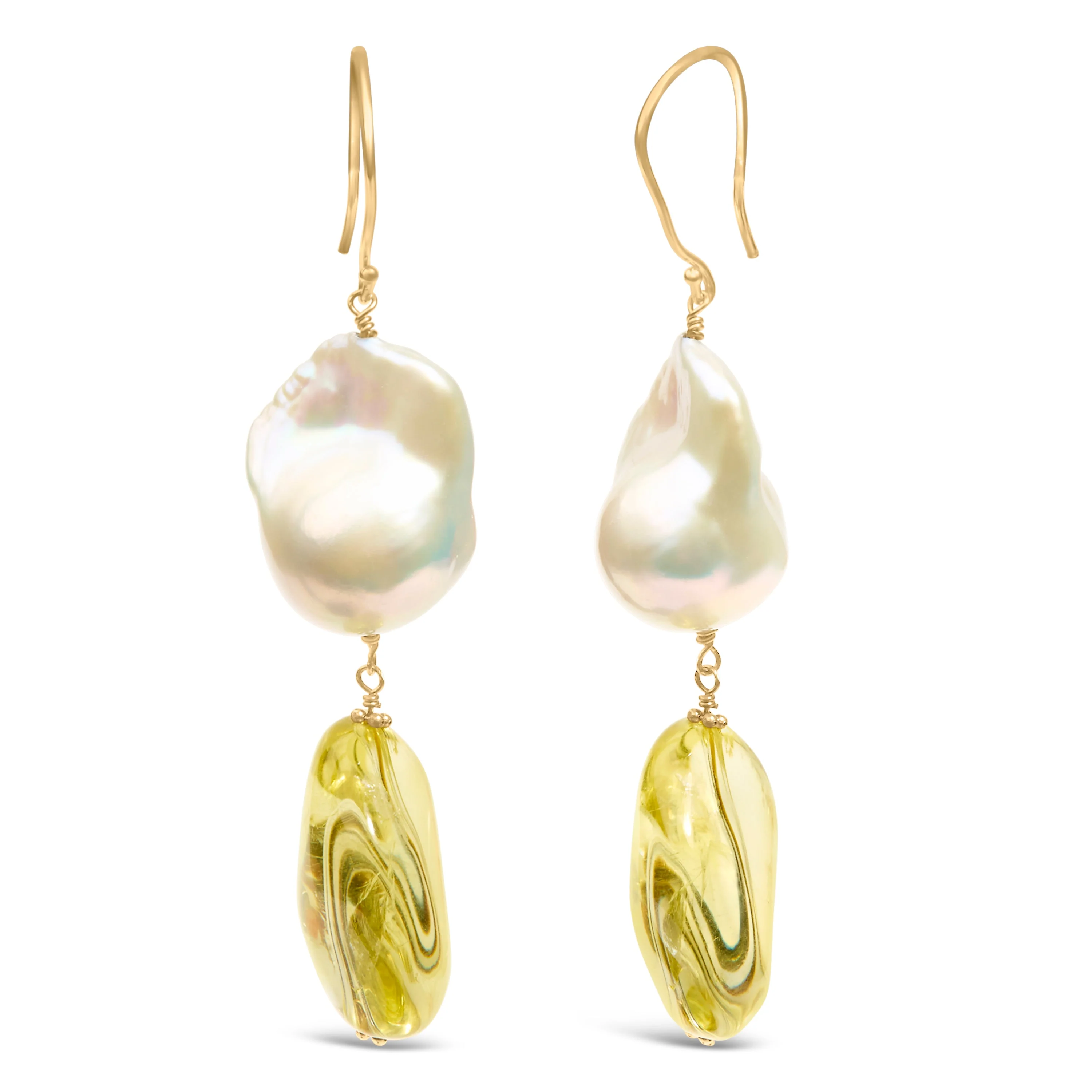 14K Yellow Gold Citrine and Baroque Pearl Drop and Dangle Earrings 1 3/4 Inch Dangle - Image 5