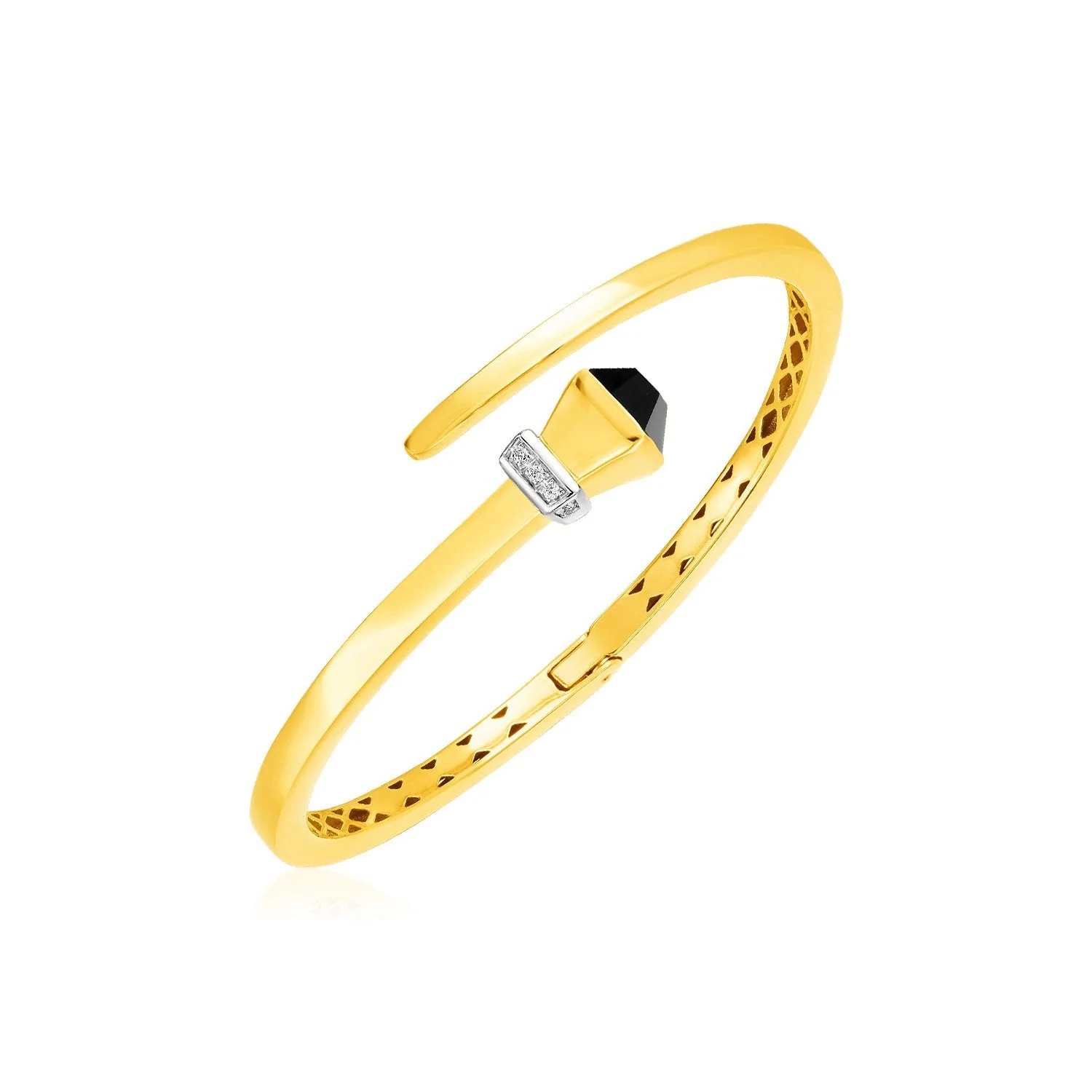 14k Yellow Gold Crossover Style Hinged Bangle Bracelet with Onyx and Diamonds - Image 2