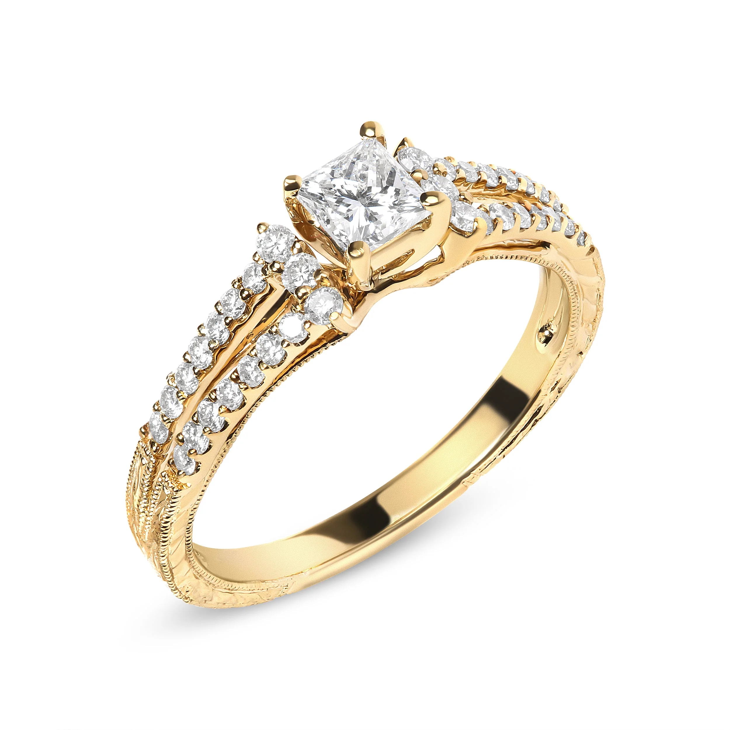 14K Yellow Gold Diamond 5/8 Cttw Princess Diamond Split Shank and Milgrain Engagement Ring (G-H Color, VS2-SI1 Clarity) - Size 7 - Image 2