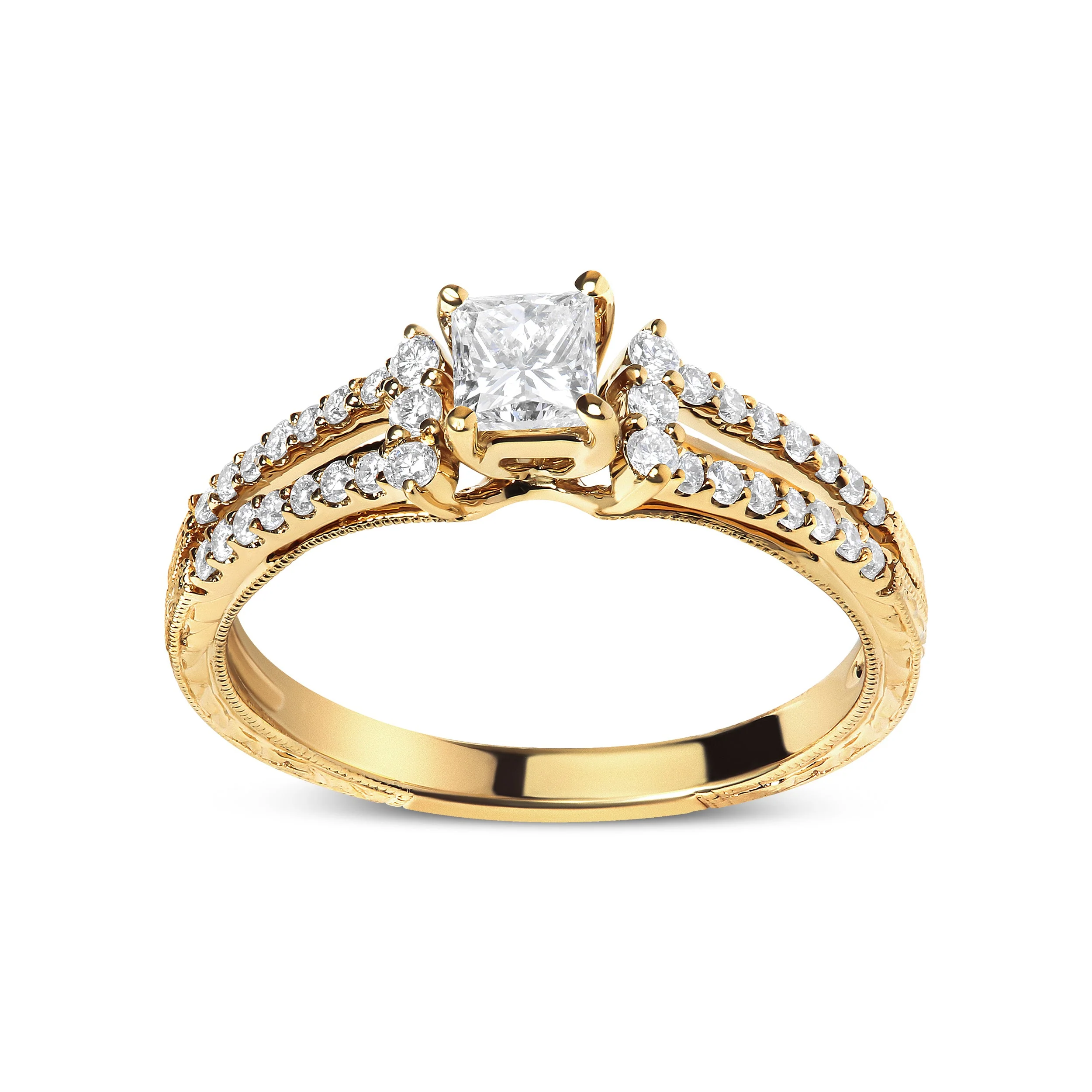14K Yellow Gold Diamond 5/8 Cttw Princess Diamond Split Shank and Milgrain Engagement Ring (G-H Color, VS2-SI1 Clarity) - Size 7 - Image 4