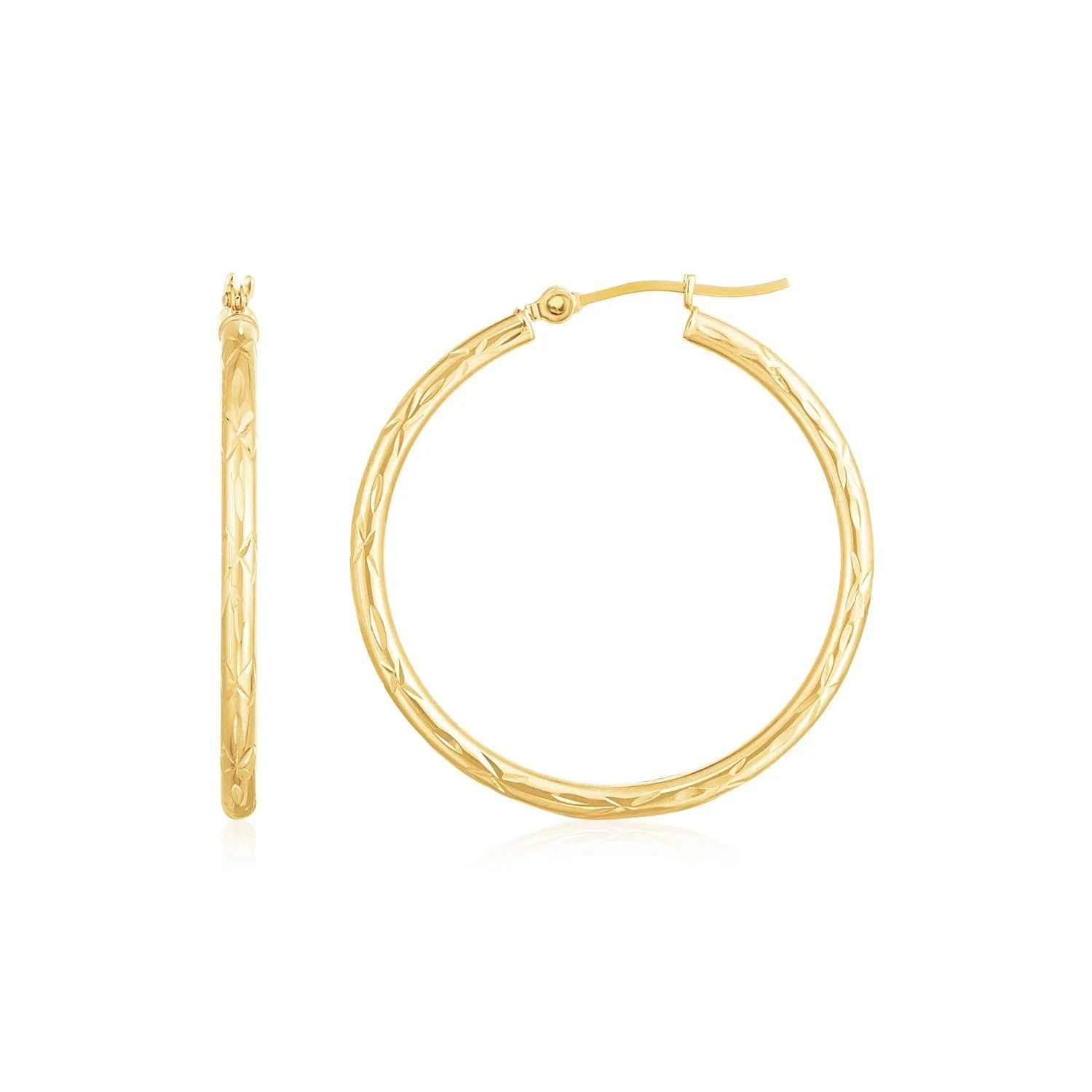 14K Yellow Gold Diamond Cut Hoop Earrings - Image 2
