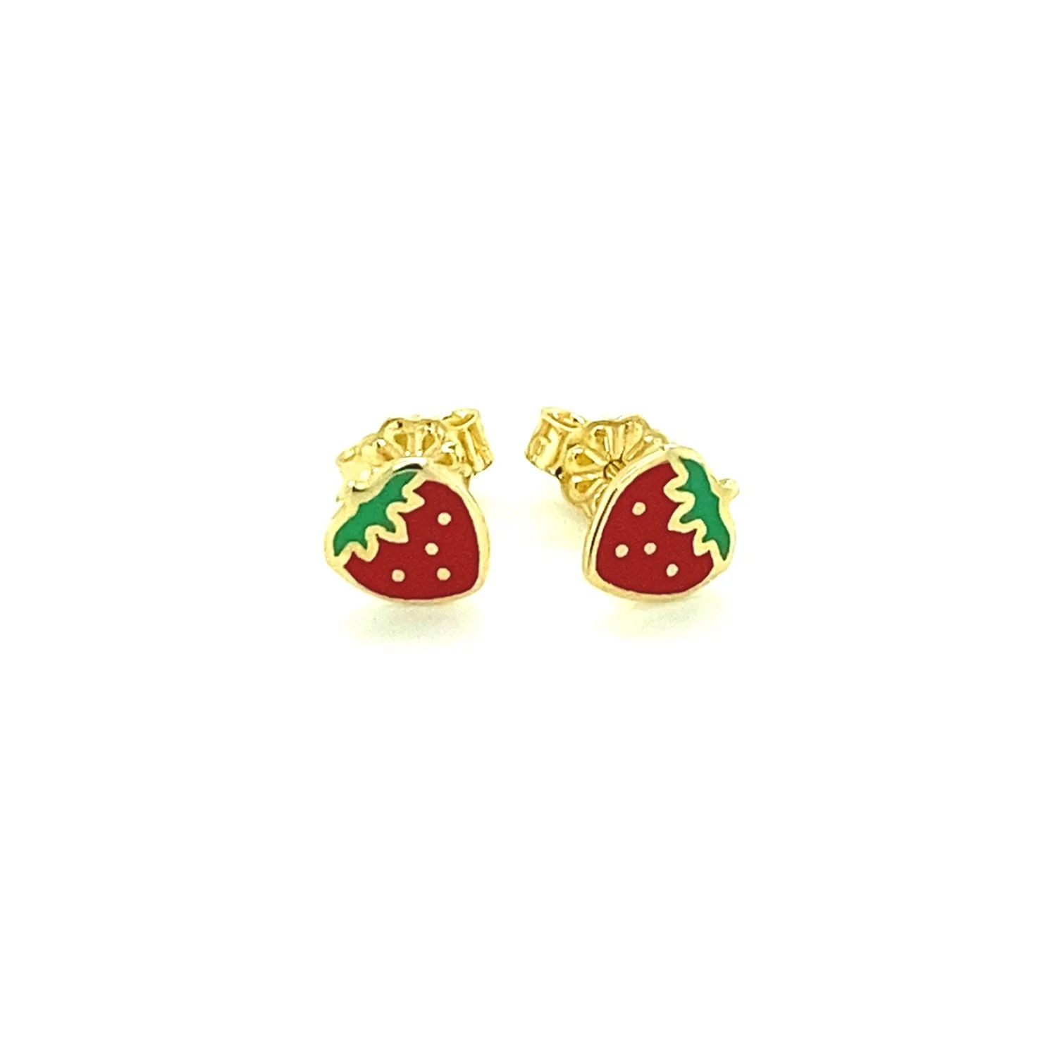 14k Yellow Gold Enameled Strawberry Childrens Earrings - Image 6