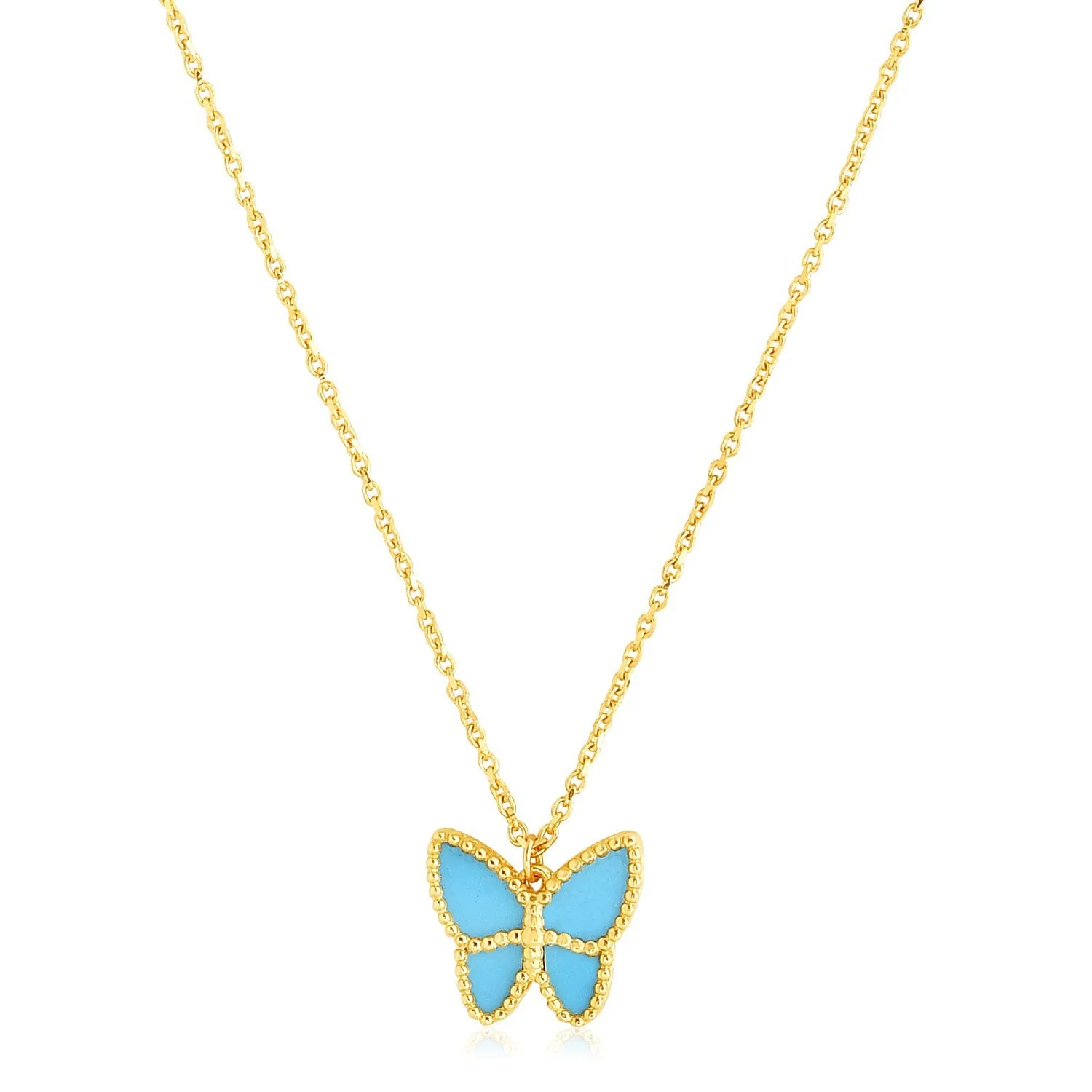 14k Yellow Gold High Polish Butterfly Turquoise Paste Necklace - Image 3