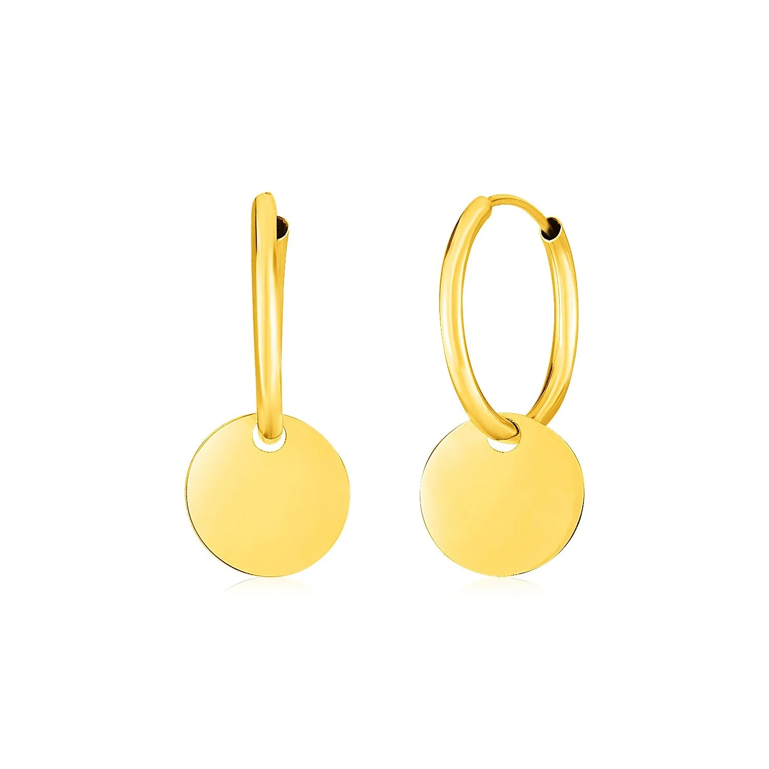 14k Yellow Gold Huggie Style Hoop Earrings with Circle Drops - Image 3