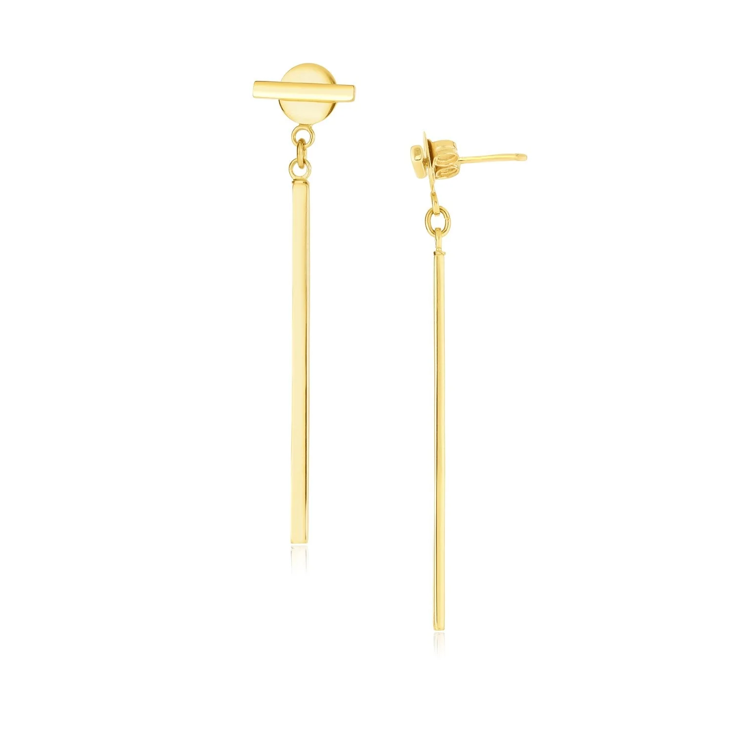 14k Yellow Gold Modern Disc and Bar Drop Earrings - Image 2