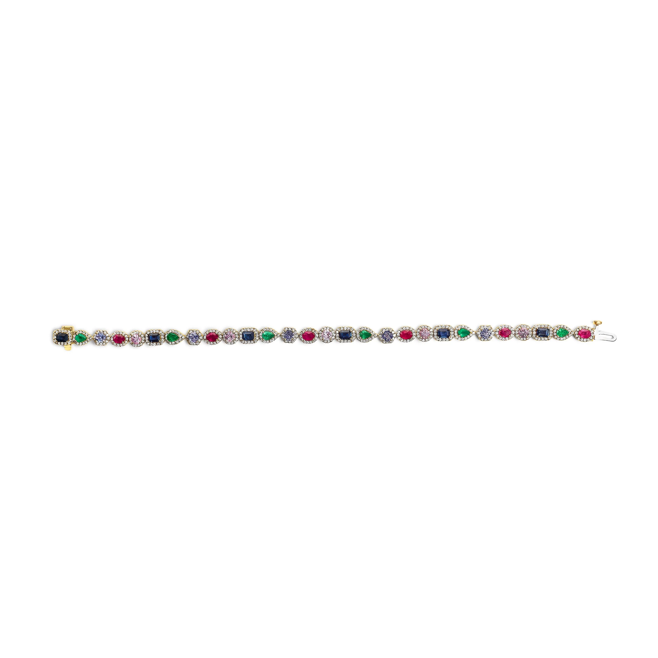 14K Yellow Gold Multi-Gemstone and Diamond Halo Rainbow Tennis Bracelet - Image 3