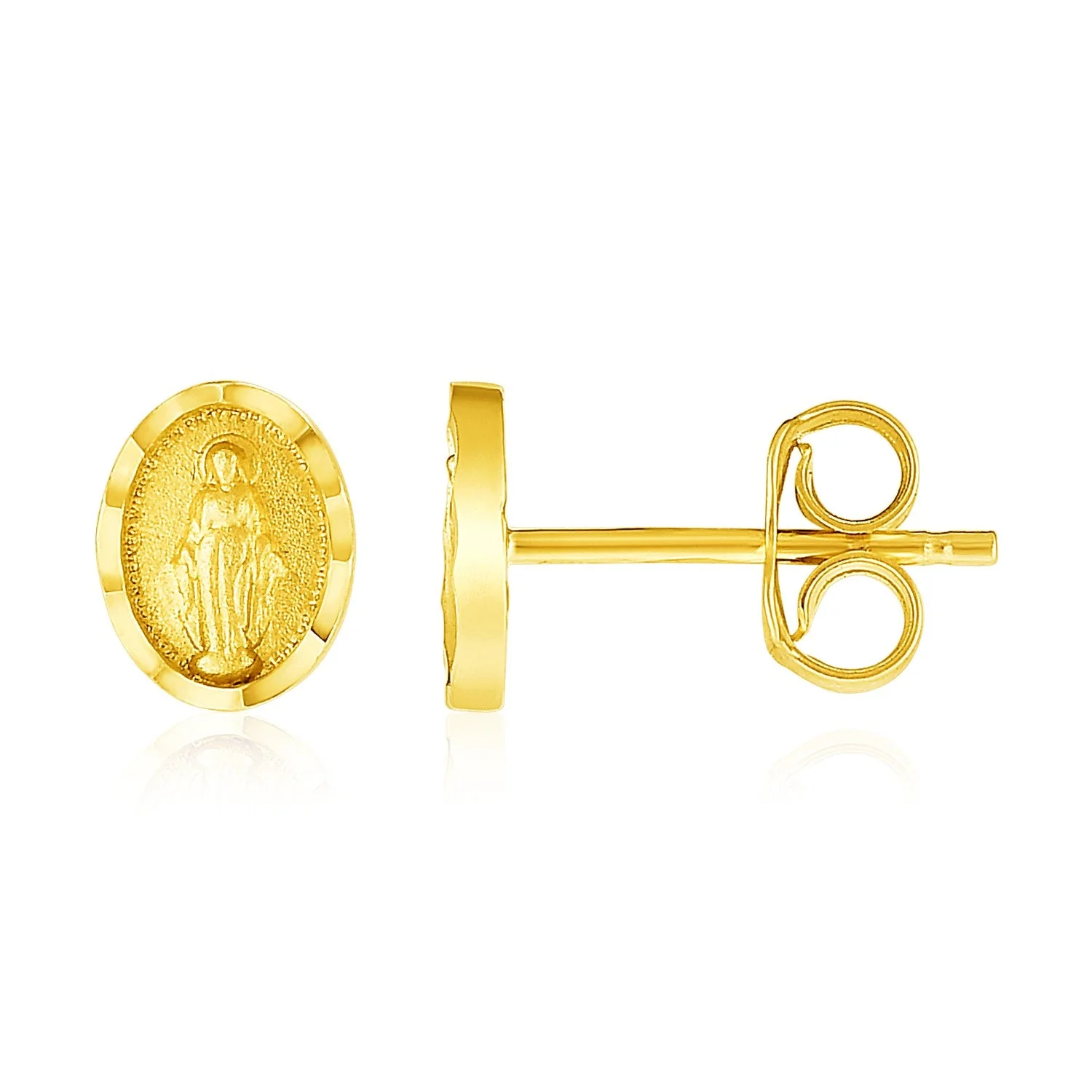 14k Yellow Gold Oval Religious Medallion Post Earrings - Image 2