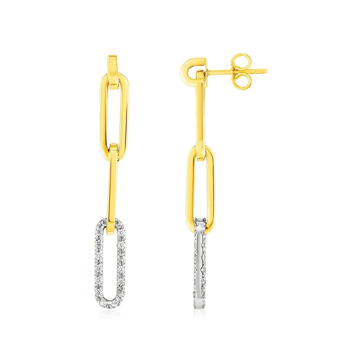 14k Yellow Gold Paperclip Chain Dangle Earrings with Diamonds - Image 2