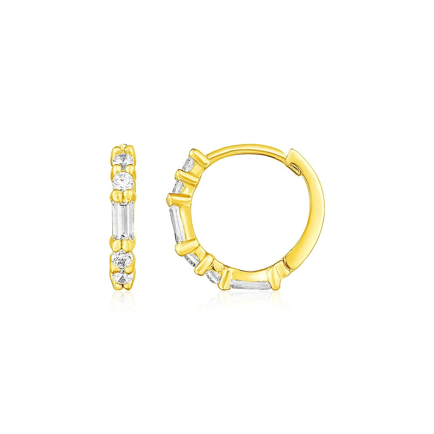 14k Yellow Gold Petite Hoop Earrings with Baguette Cubic Zirconias - Image 2