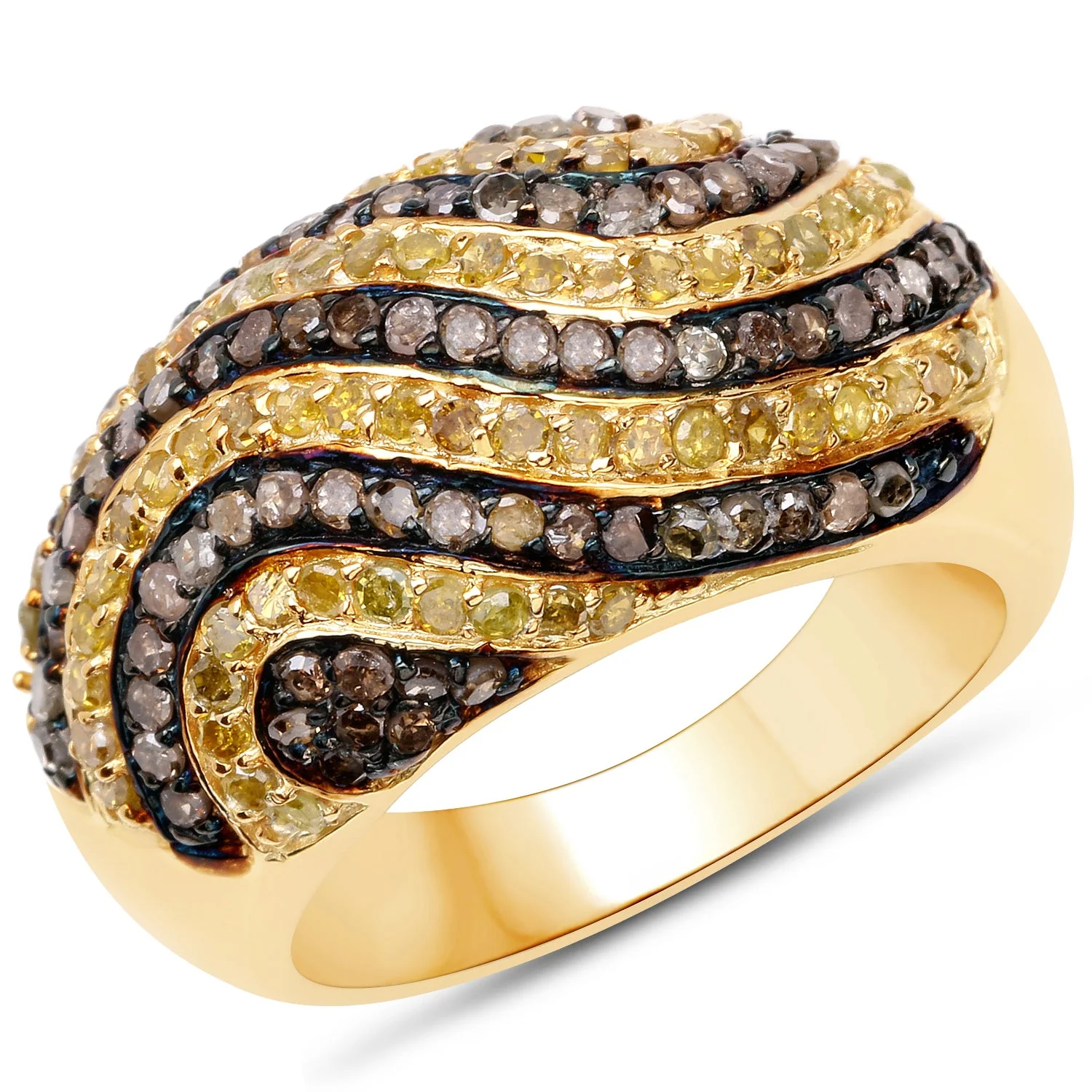 14K Yellow Gold Plated 1.19 Carat Genuine Champagne Diamond and Yellow Diamond .925 Sterling Silver Ring