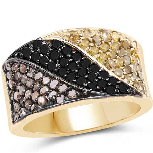 14K Yellow Gold Plated 1.25 Carat Genuine Black Diamond, Champagne Diamond & Yellow Diamond .925 Sterling Silver Ring - Image 4