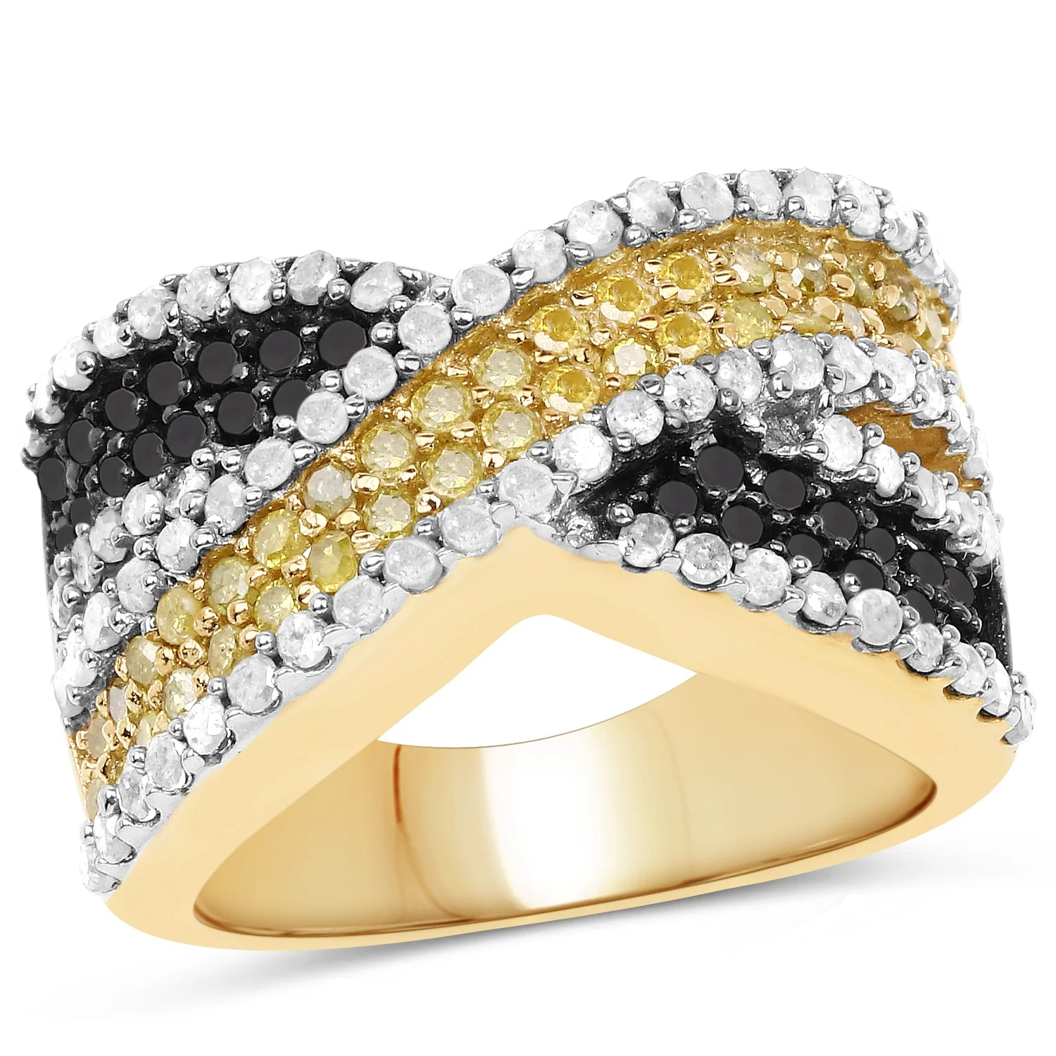14K Yellow Gold Plated 1.58 Carat Genuine Black Diamond, White Diamond & Yellow Diamond .925 Sterling Silver Ring - Image 2