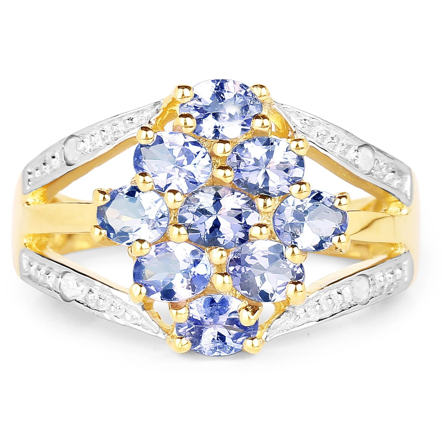 14K Yellow Gold Plated 1.59 Carat Genuine Tanzanite and White Topaz .925 Sterling Silver Ring - Image 3