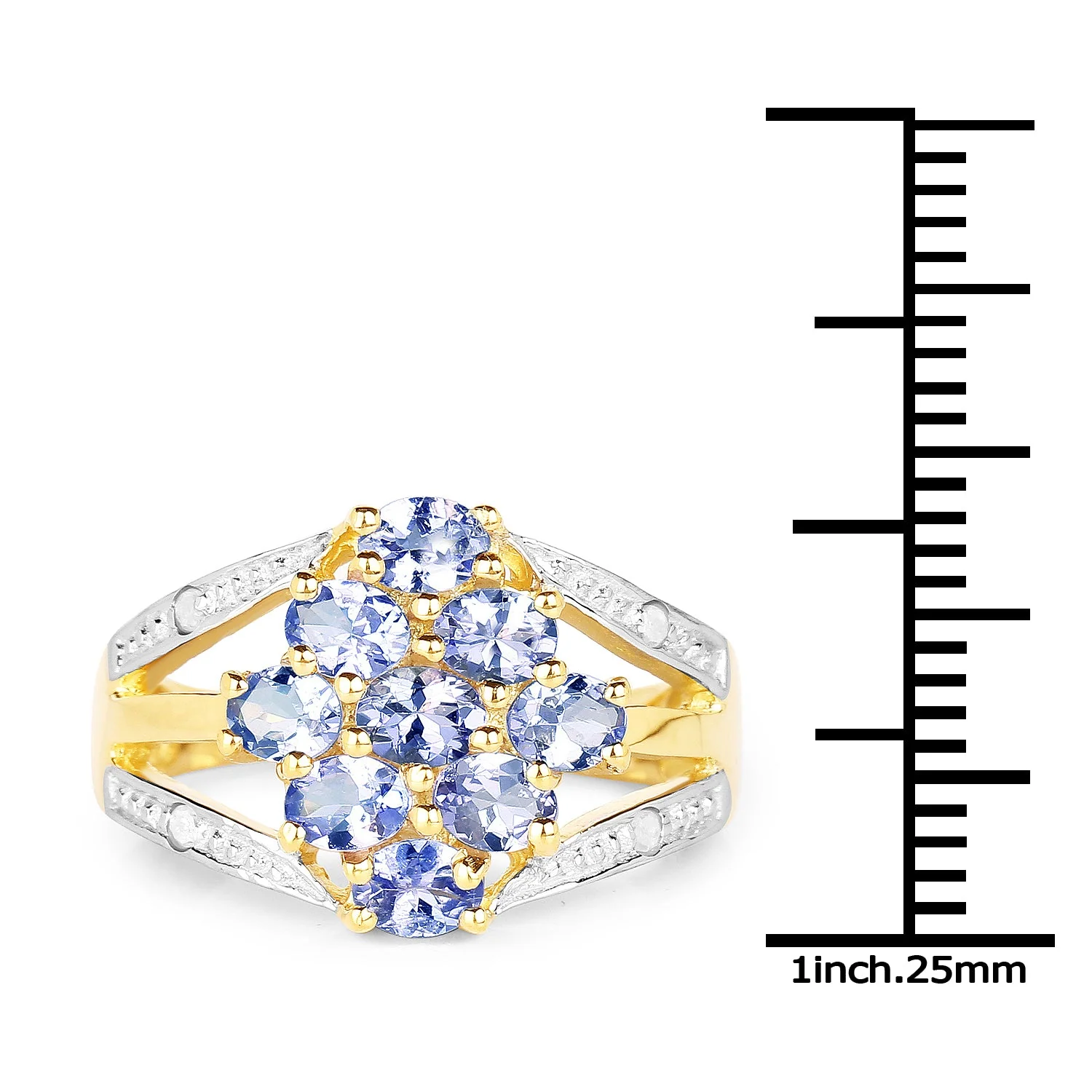 14K Yellow Gold Plated 1.59 Carat Genuine Tanzanite and White Topaz .925 Sterling Silver Ring - Image 4