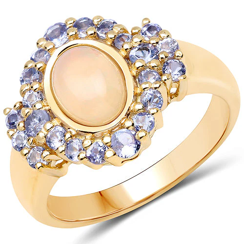 14K Yellow Gold Plated 1.74 Carat Genuine Ethiopian Opal and Tanzanite .925 Sterling Silver Ring - Image 4