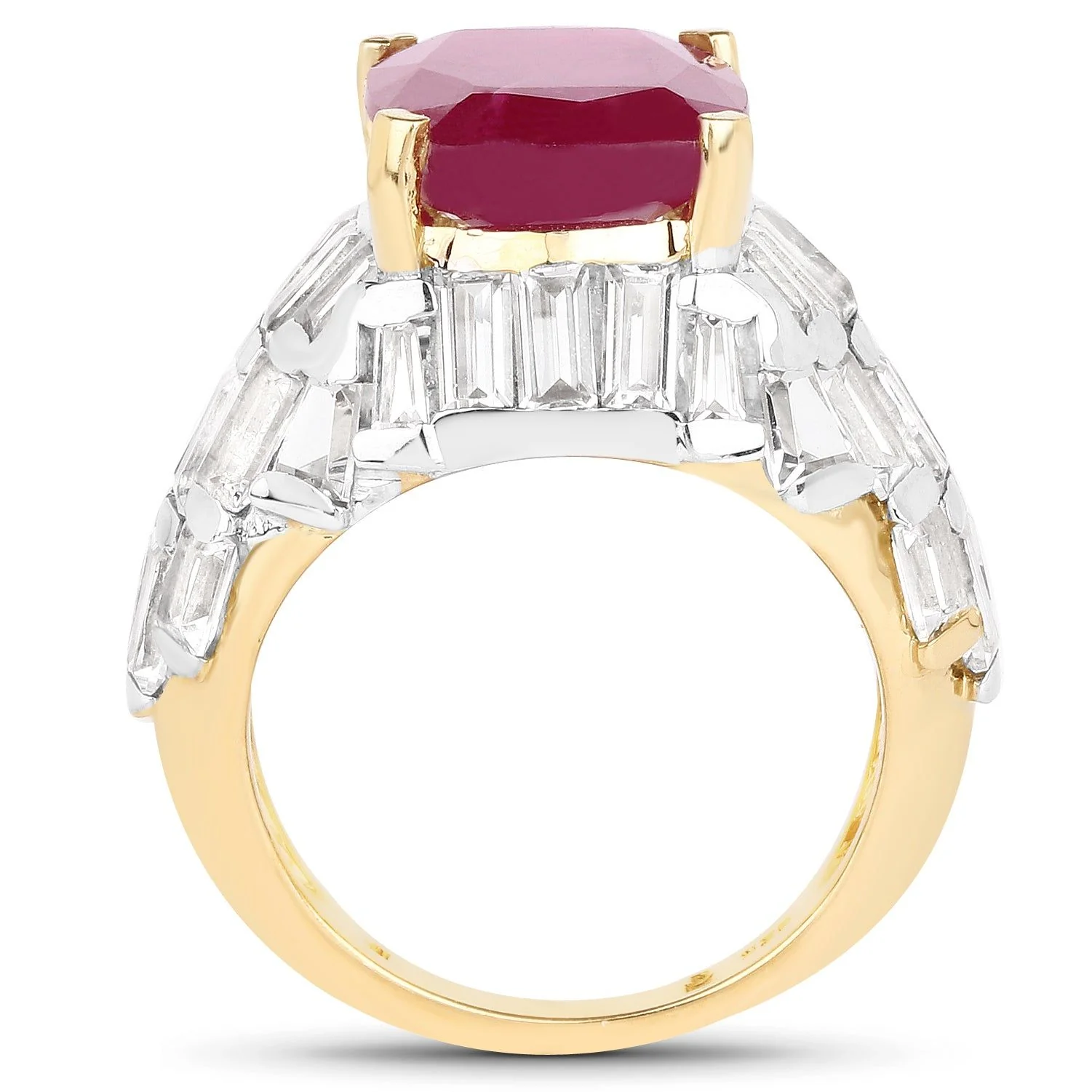14K Yellow Gold Plated 10.76 Carat Glass Filled Ruby and White Topaz .925 Sterling Silver Ring - Image 2