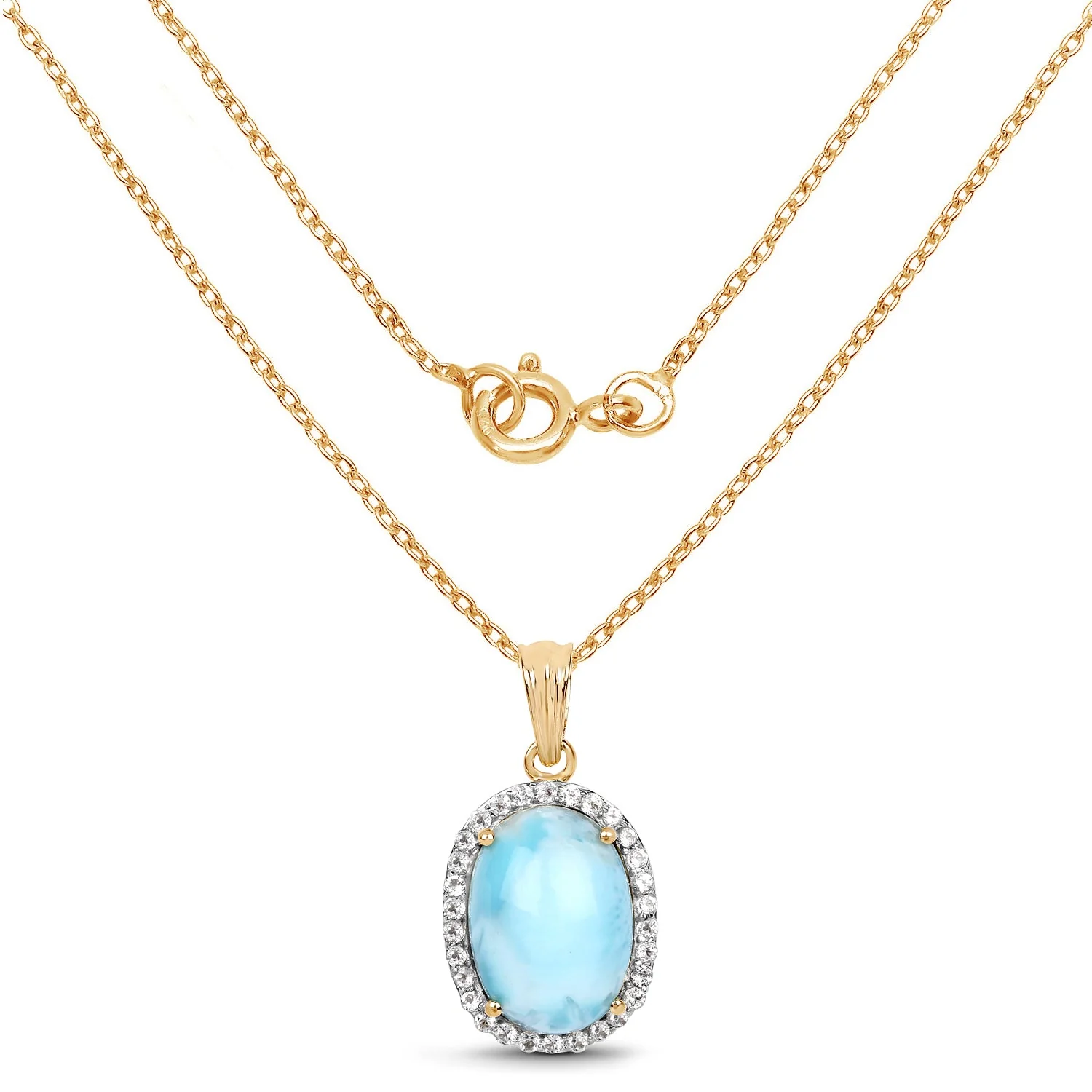 14K Yellow Gold Plated 13.55 Carat Genuine Larimar and White Topaz .925 Sterling Silver Pendant - Image 3