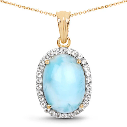 14K Yellow Gold Plated 13.55 Carat Genuine Larimar and White Topaz .925 Sterling Silver Pendant - Image 4