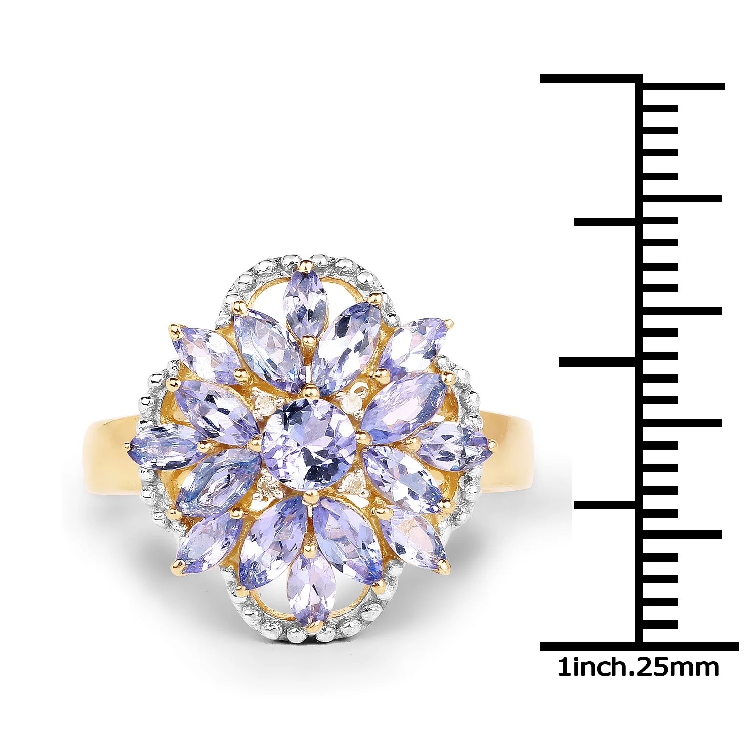 14K Yellow Gold Plated 2.01 Carat Genuine Tanzanite & White Topaz .925 Sterling Silver Ring - Image 3