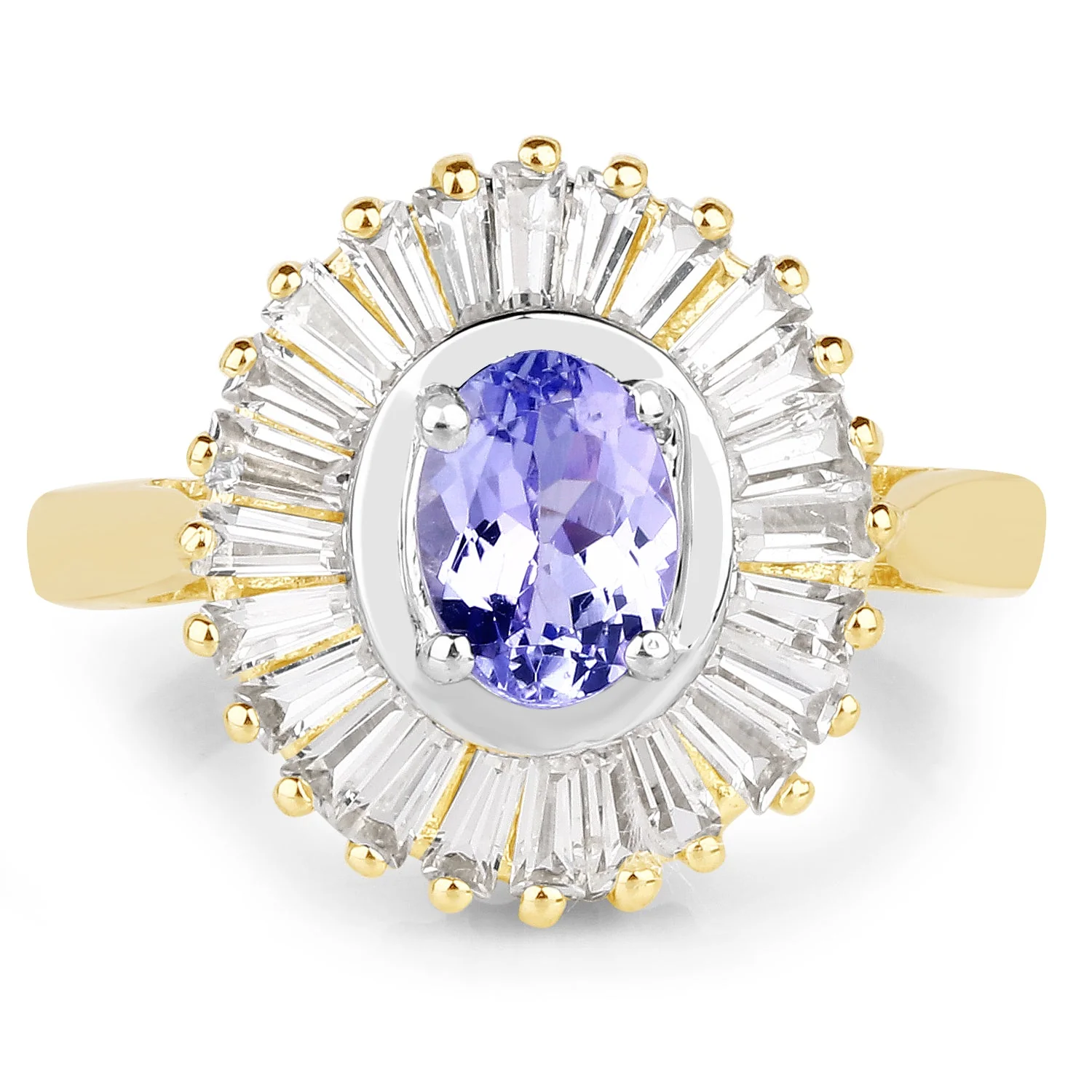 14K Yellow Gold Plated 2.16 Carat Genuine Tanzanite & White Topaz .925 Sterling Silver Ring - Image 3