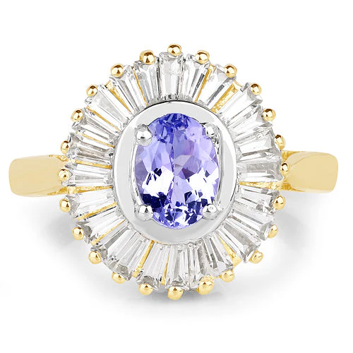 14K Yellow Gold Plated 2.16 Carat Genuine Tanzanite & White Topaz .925 Sterling Silver Ring - Image 6