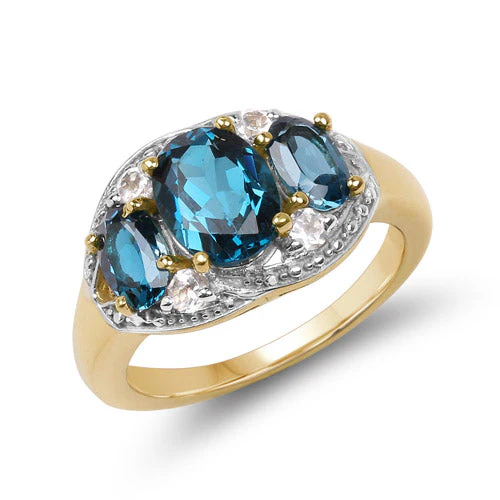 14K Yellow Gold Plated 2.77 Carat Genuine London Blue Topaz and White Topaz .925 Sterling Silver Ring - Image 4