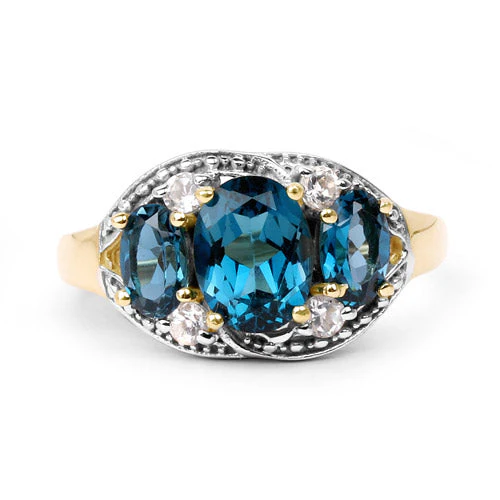 14K Yellow Gold Plated 2.77 Carat Genuine London Blue Topaz and White Topaz .925 Sterling Silver Ring - Image 6
