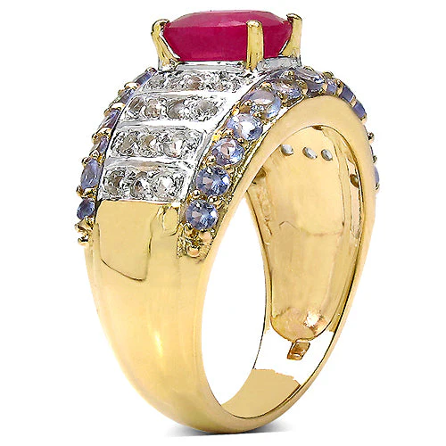 14K Yellow Gold Plated 3.02 Carat Genuine Ruby, Tanzanite & White Topaz .925 Sterling Silver Ring - Image 5