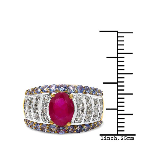14K Yellow Gold Plated 3.02 Carat Genuine Ruby, Tanzanite & White Topaz .925 Sterling Silver Ring - Image 6