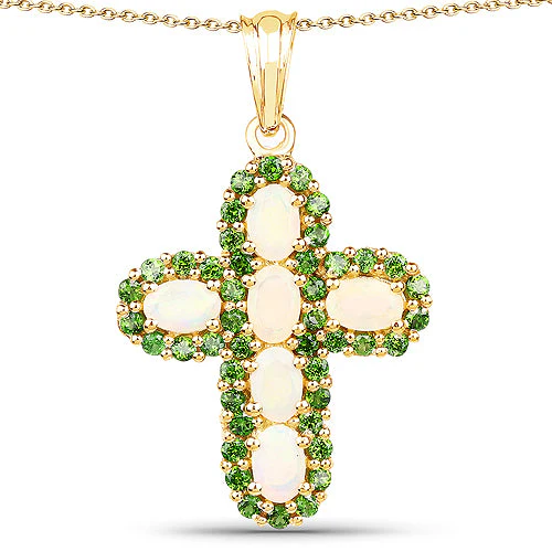 14K Yellow Gold Plated 3.11 Carat Genuine Ethiopian Opal and Chrome Diopside .925 Sterling Silver Pendant - Image 3