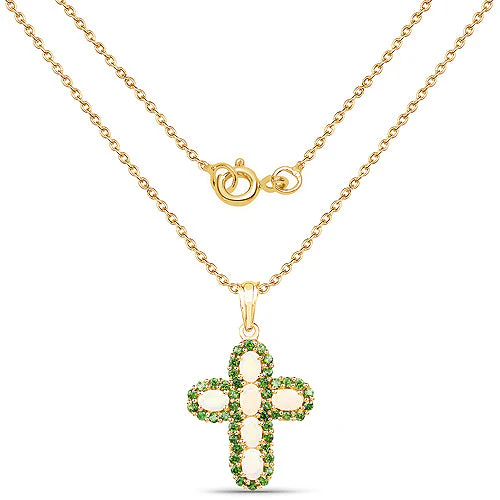 14K Yellow Gold Plated 3.11 Carat Genuine Ethiopian Opal and Chrome Diopside .925 Sterling Silver Pendant - Image 4