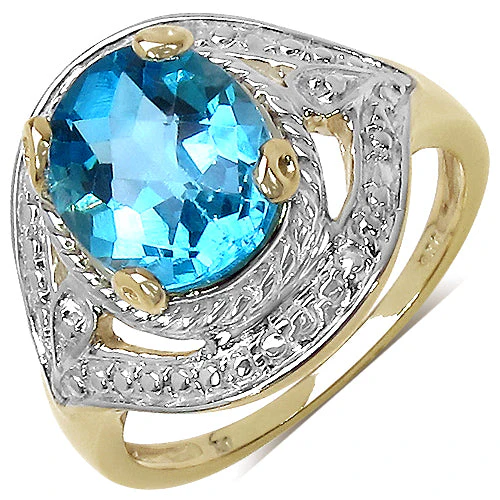 14K Yellow Gold Plated 3.25 Carat Genuine Swiss Blue Topaz .925 Sterling Silver Ring - Image 4