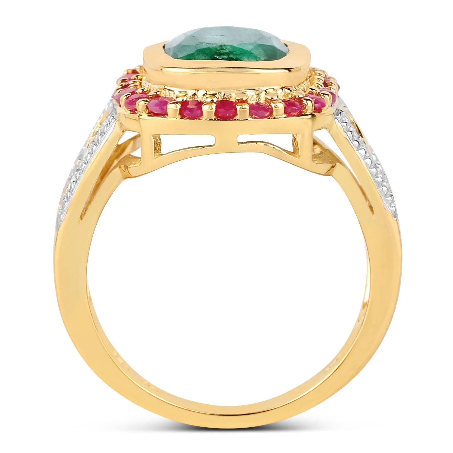 14K Yellow Gold Plated 4.80 ct. t.w. Dyed Emerald and Ruby Ring in Sterling Silver - Image 2