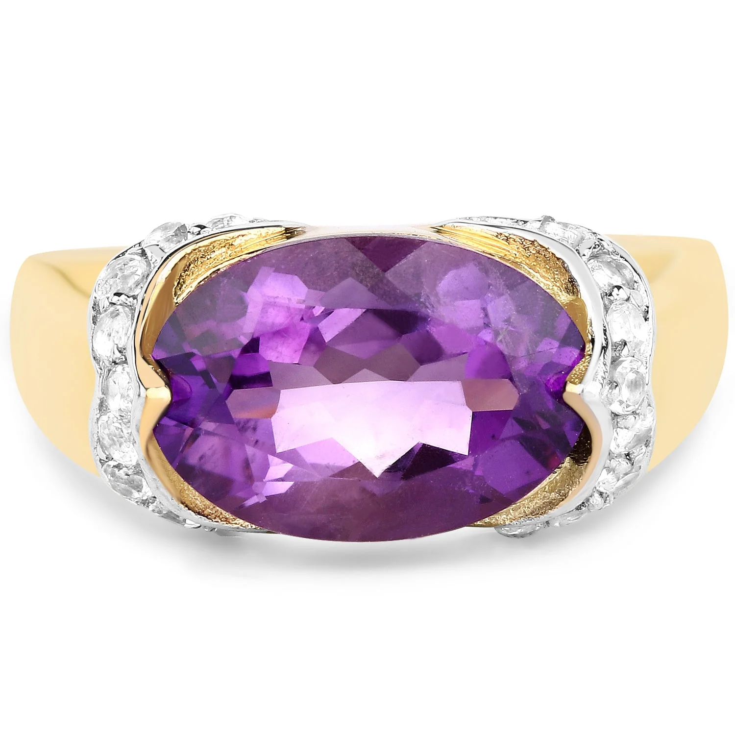 14K Yellow Gold Plated 4.98 Carat Genuine Amethyst and White Topaz .925 Sterling Silver Ring - Image 3
